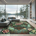 Ornate Sage Floral Peony Damask Rug