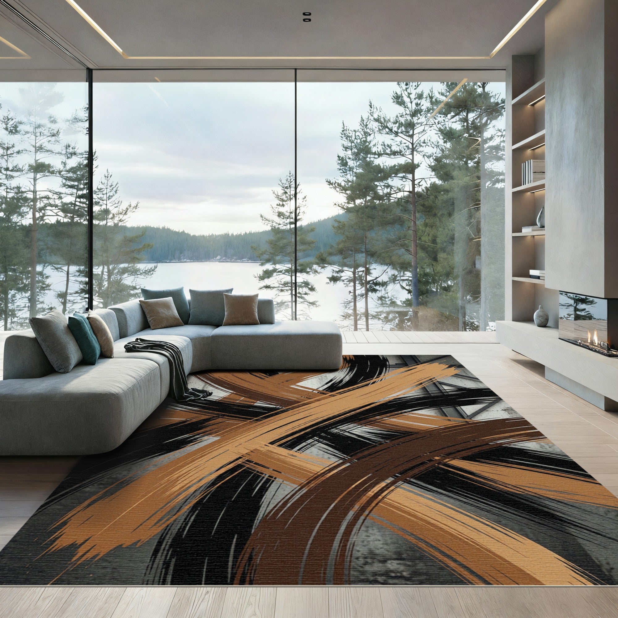 Ebony and Copper Abstract Brushstroke Art Rug