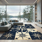 Vintage Navy Cream Nautical Compass Grid Rug