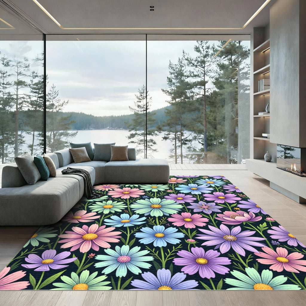 Vibrant Pastel Cosmos Meadow Floral Rug
