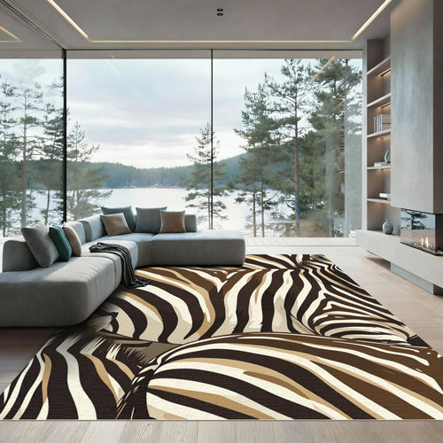 Abstract Brown and Cream Zebra Stripe Rug