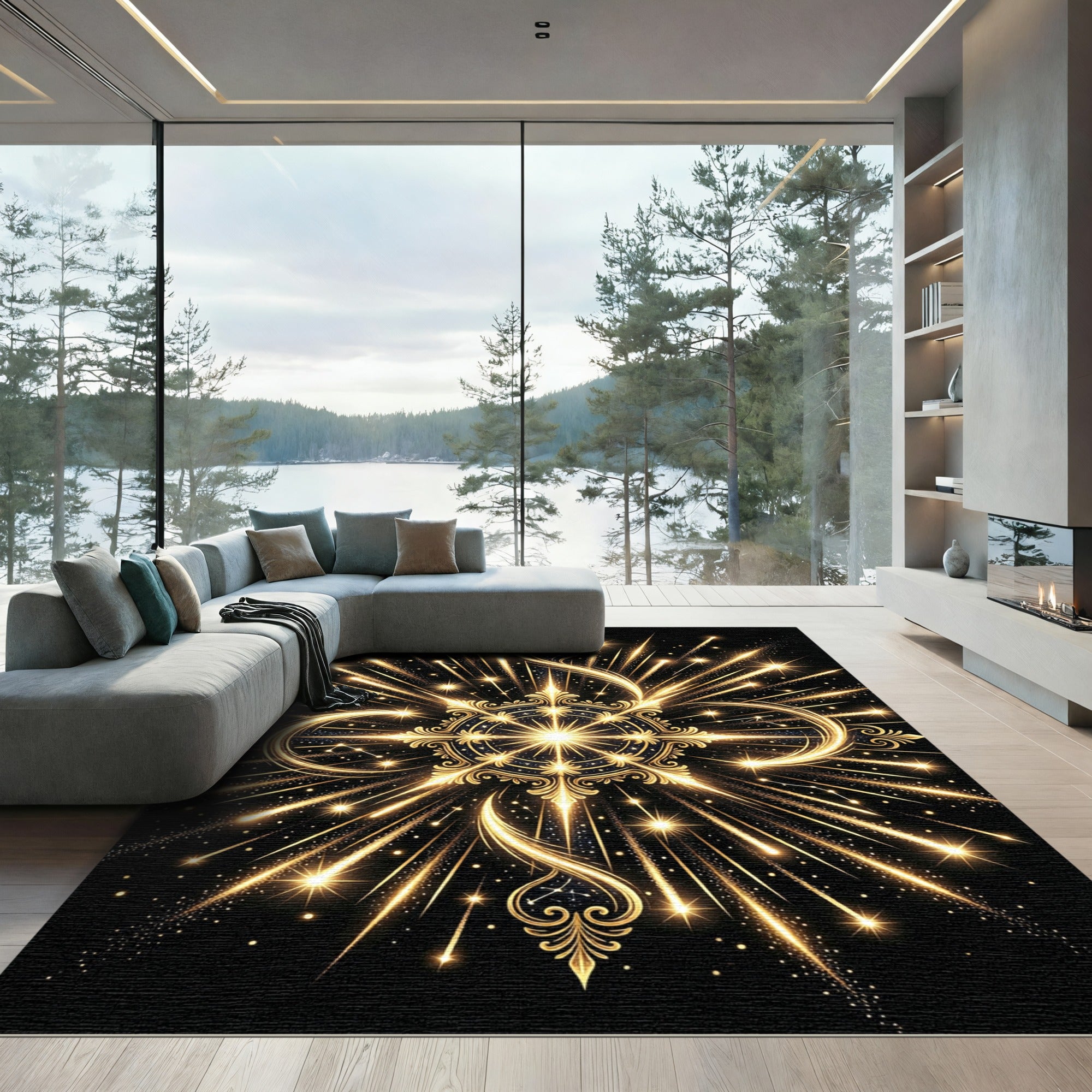Golden Celestial Starburst Infinity Radiance Rug
