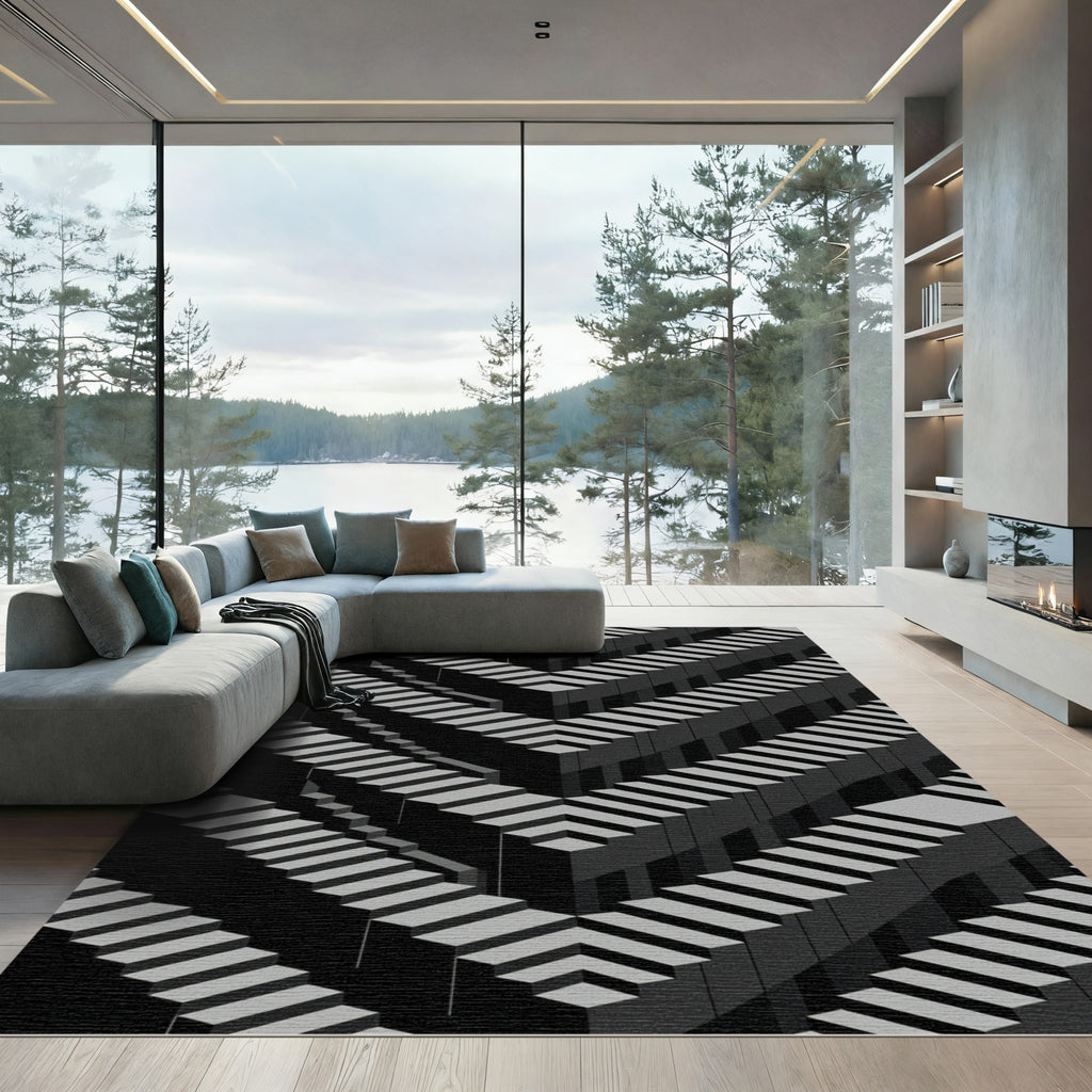 Monochromatic Geometric Illusion Stairs Rug
