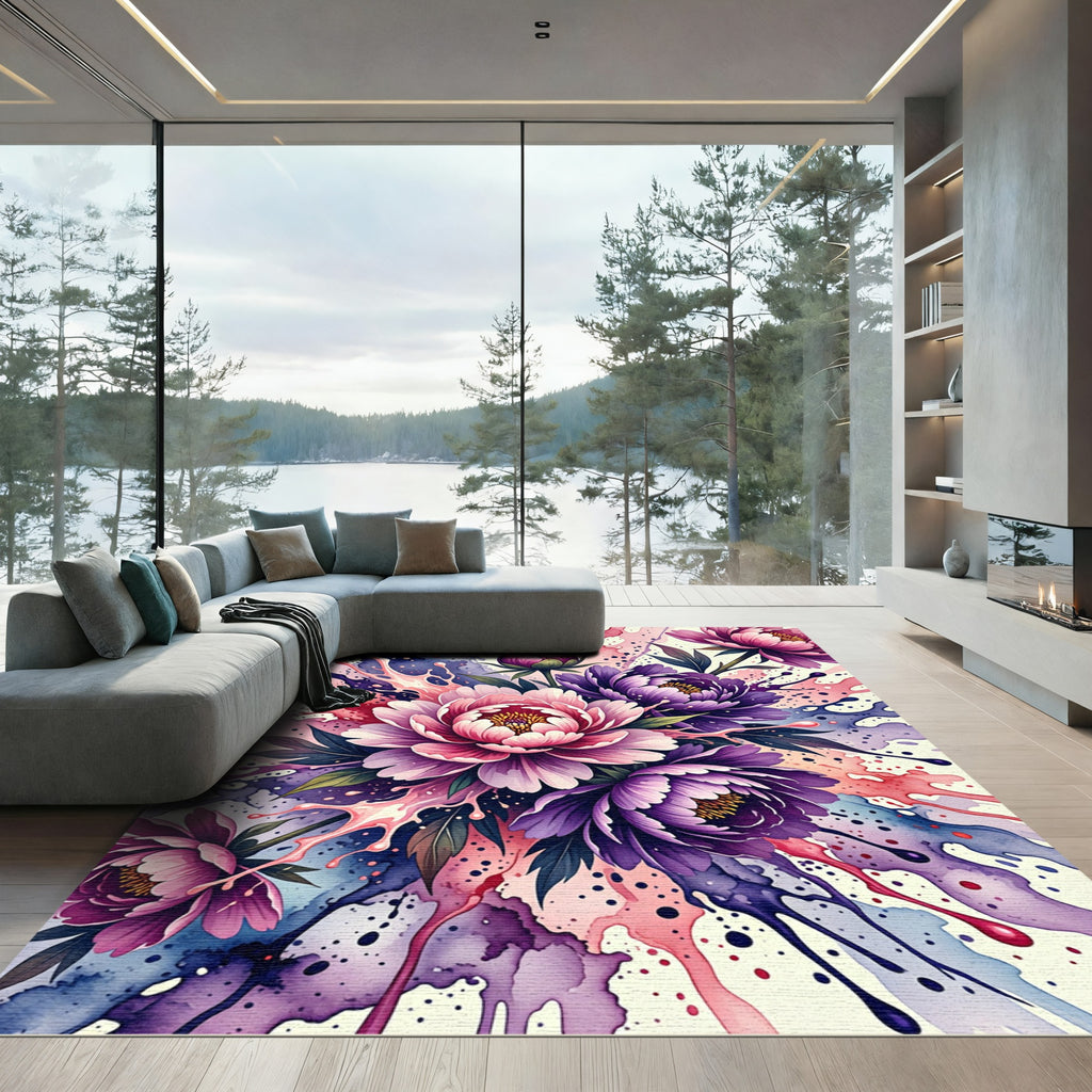 Vibrant Pink and Purple Peony Watercolor Rug