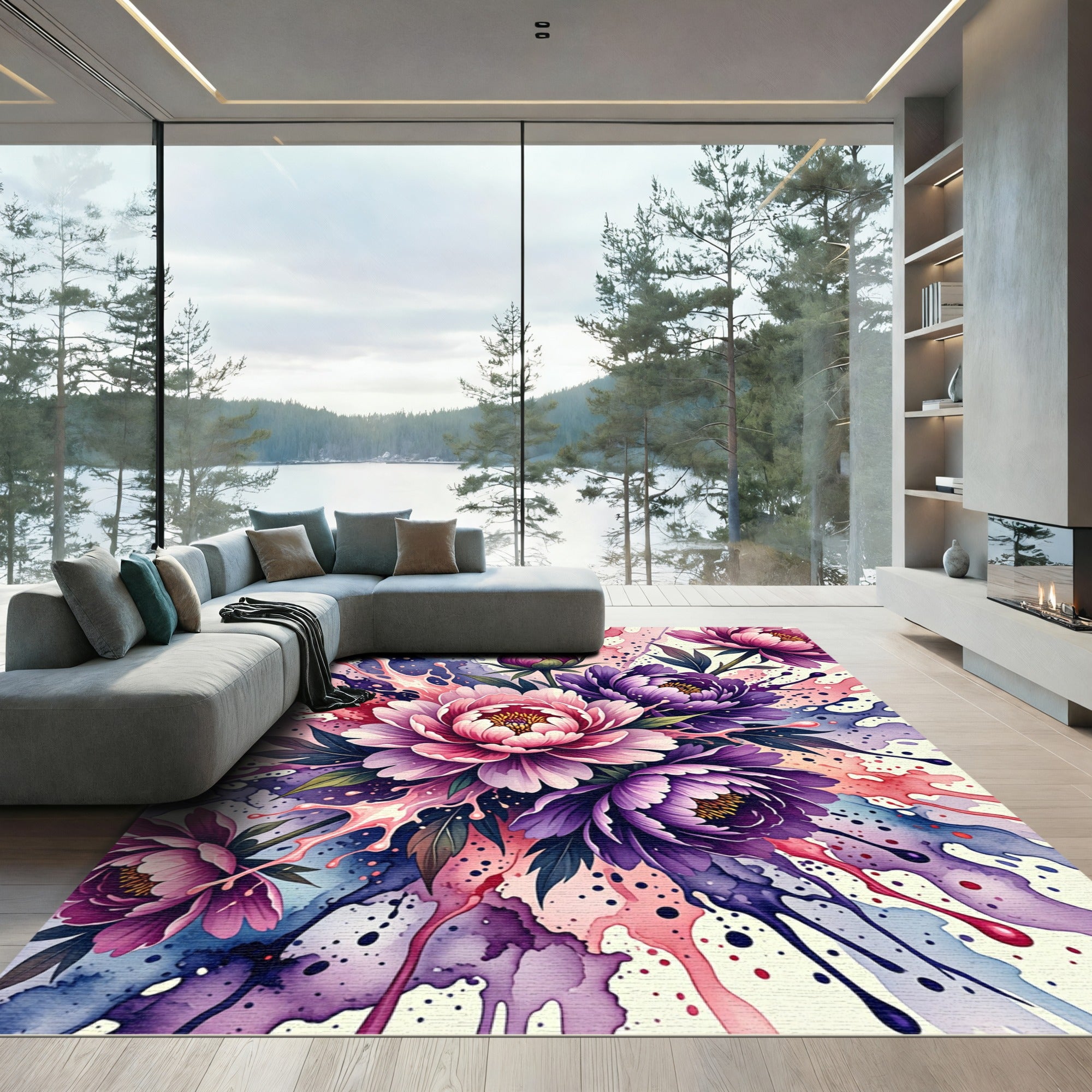 Vibrant Pink and Purple Peony Watercolor Rug