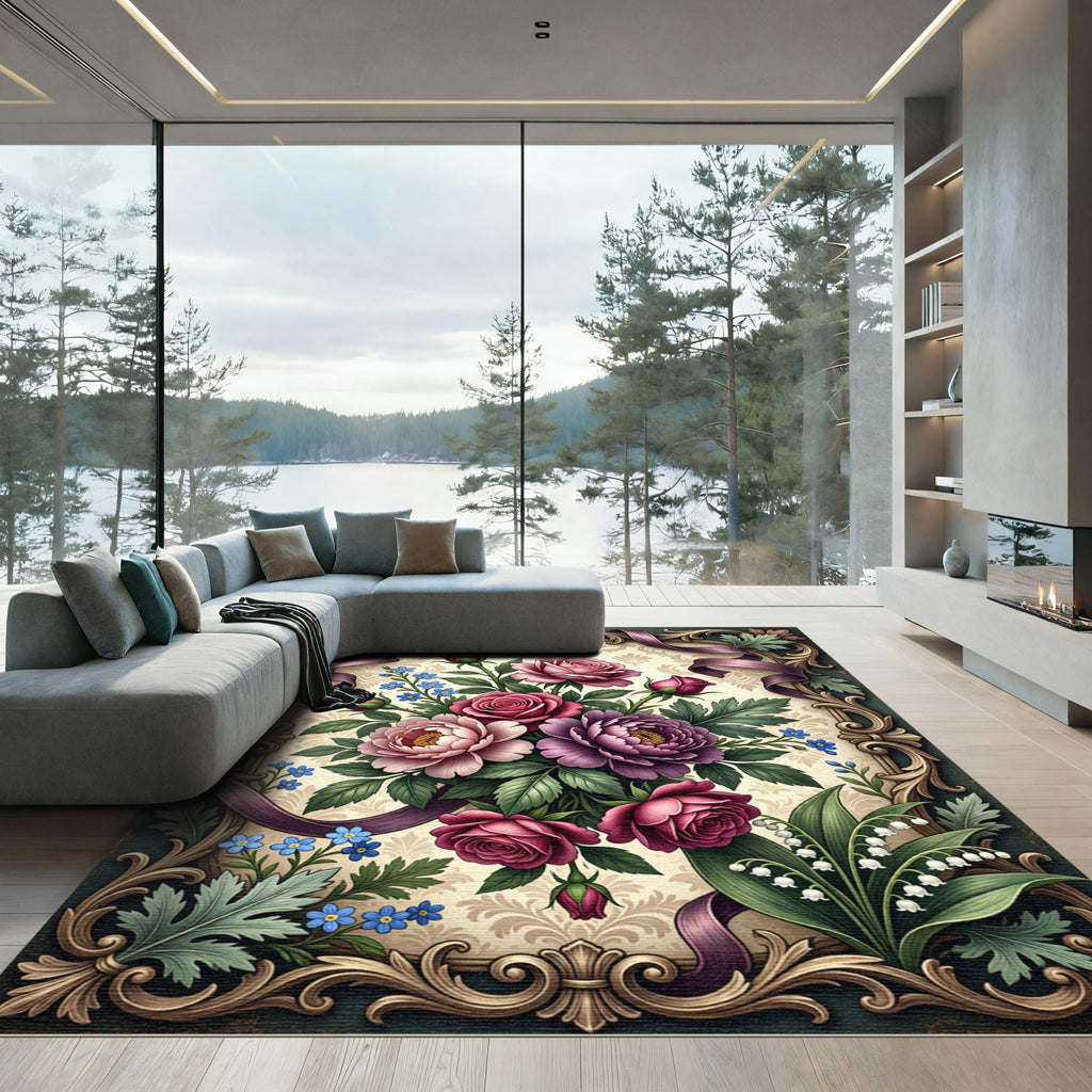 Ornate Vintage Rose and Peony Bouquet Rug