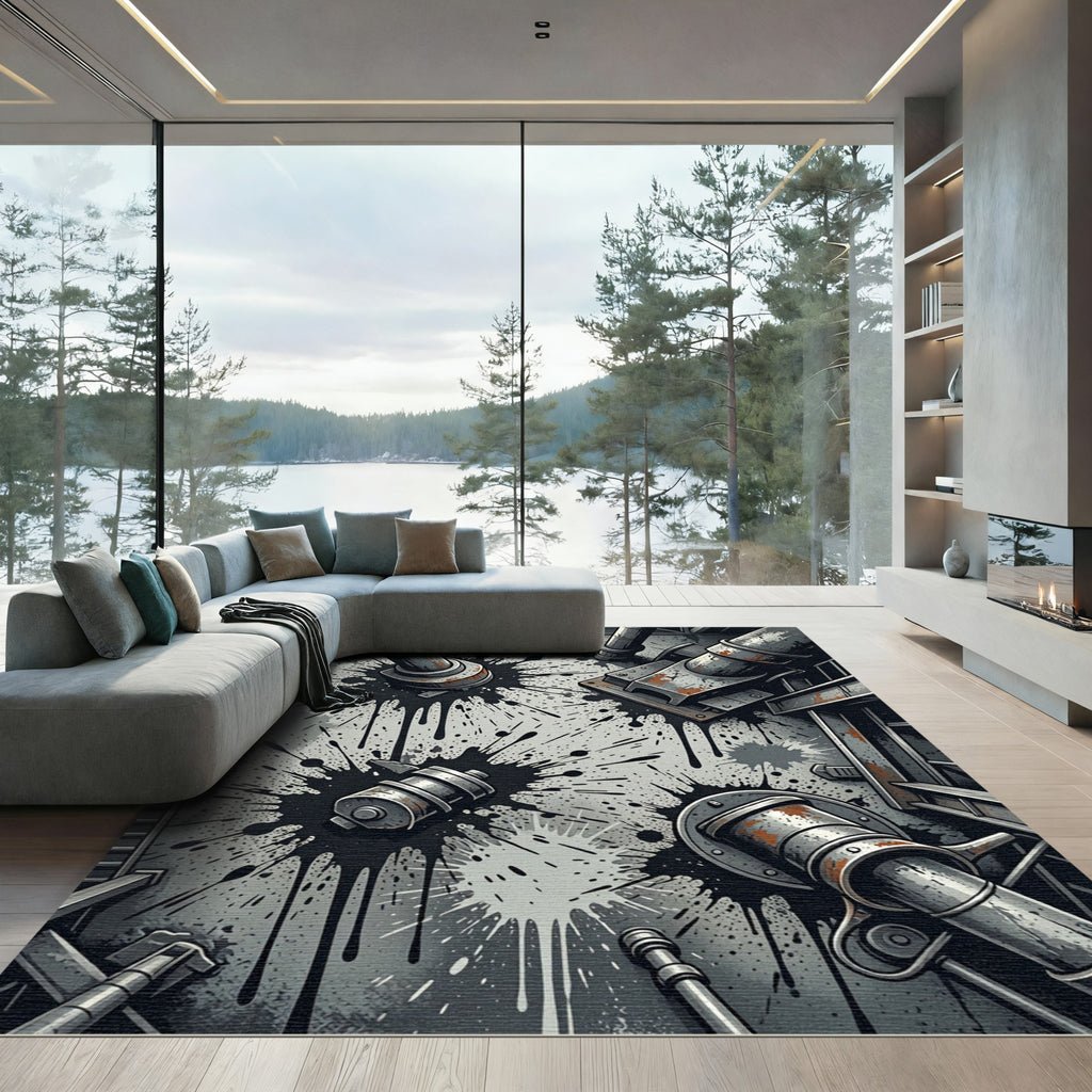 Industrial Grunge Black Ink Drip Splatter Rug