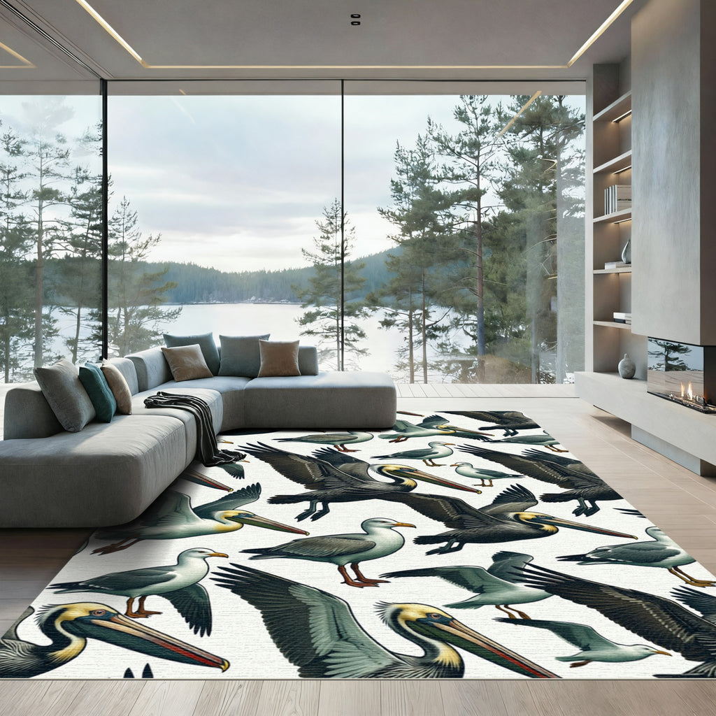 Coastal Pelican and Seagull Illustration Rug