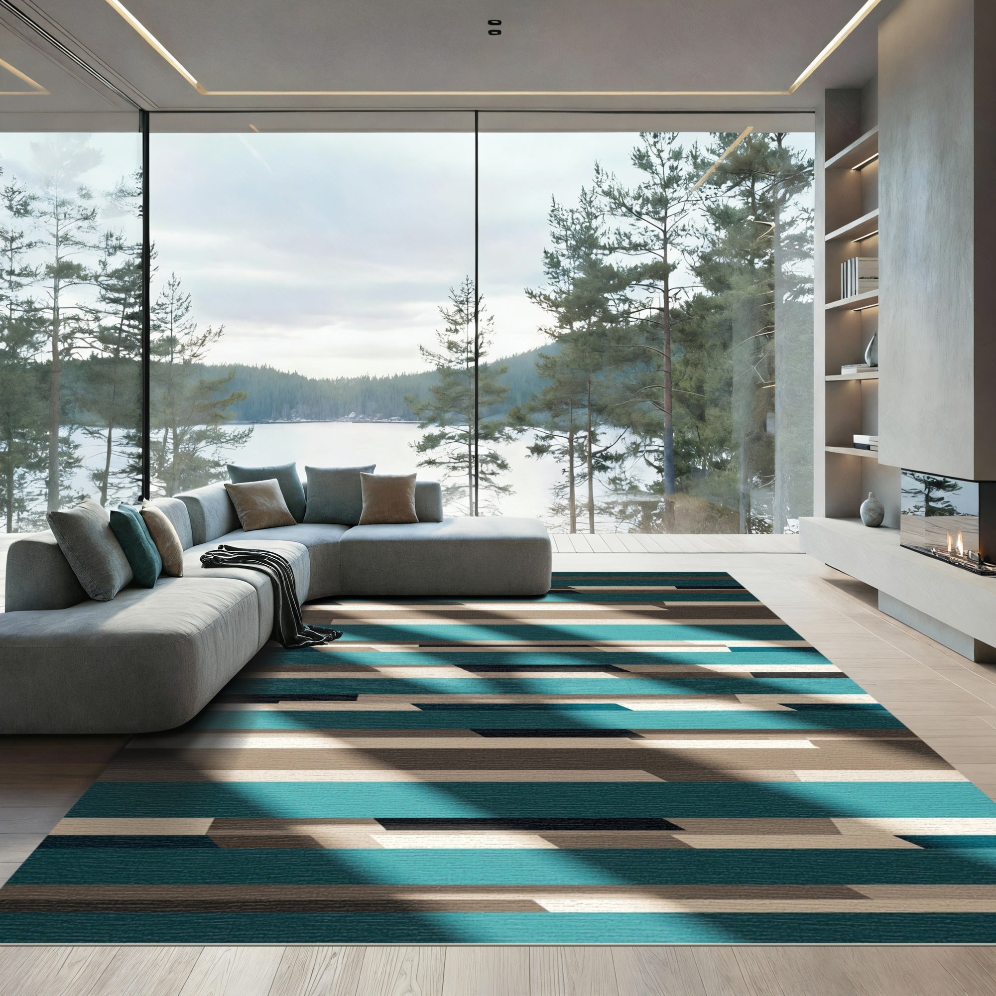 Teal Neutral Horizontal Bar Rug
