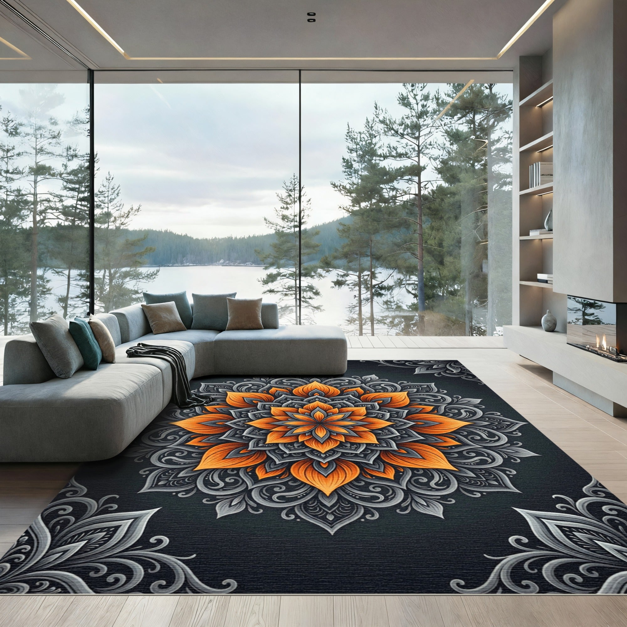 Orange and Silver Floral Mandala Rug