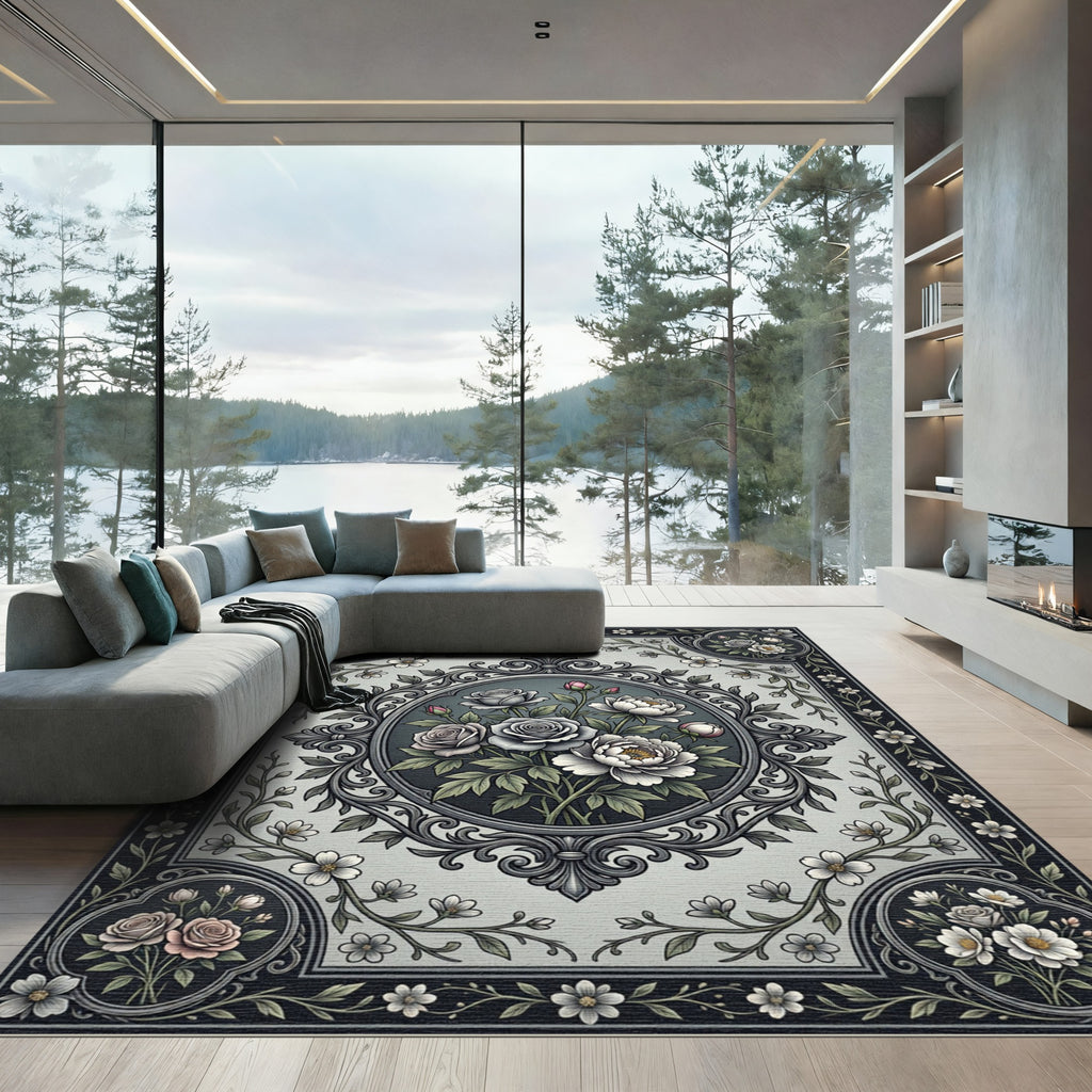 Vintage Gray Rose Floral Medallion Rug