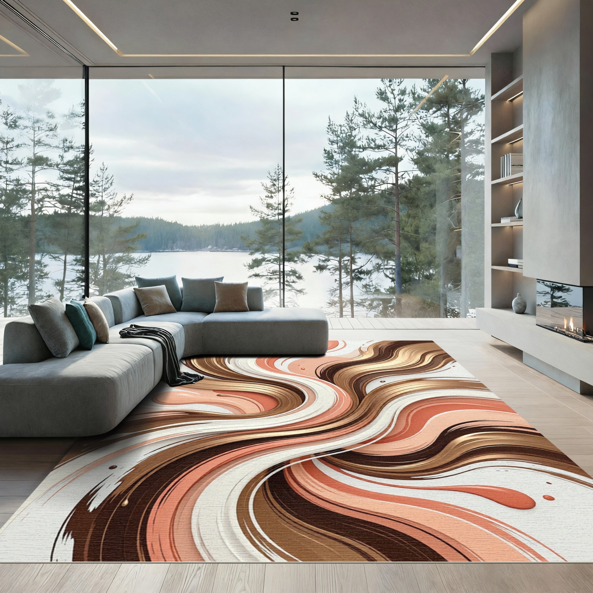 Brown Copper Cream Abstract Swirl Rug