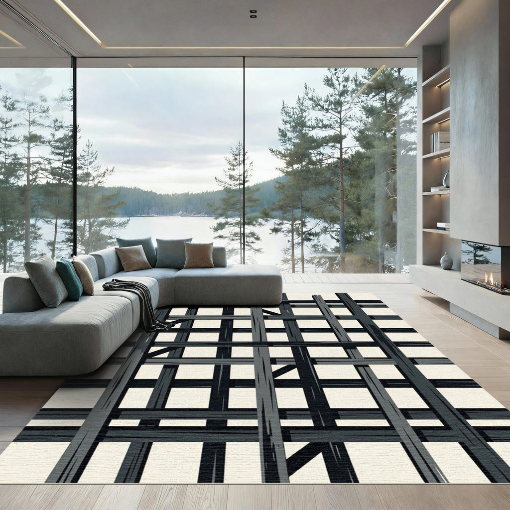 Dark Gray Intersecting Timber Grid Rug