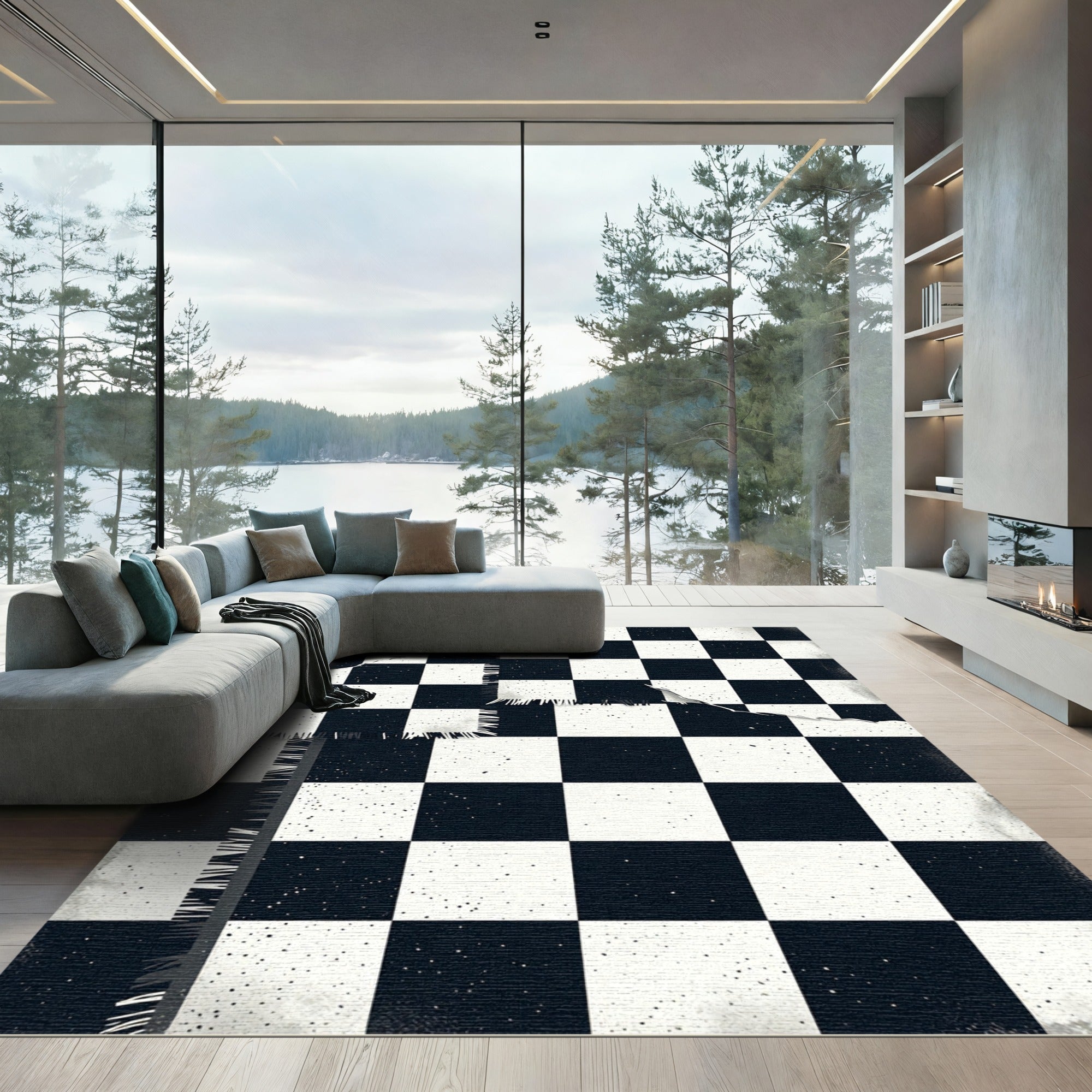 Distressed Black White Checkered Board Rug