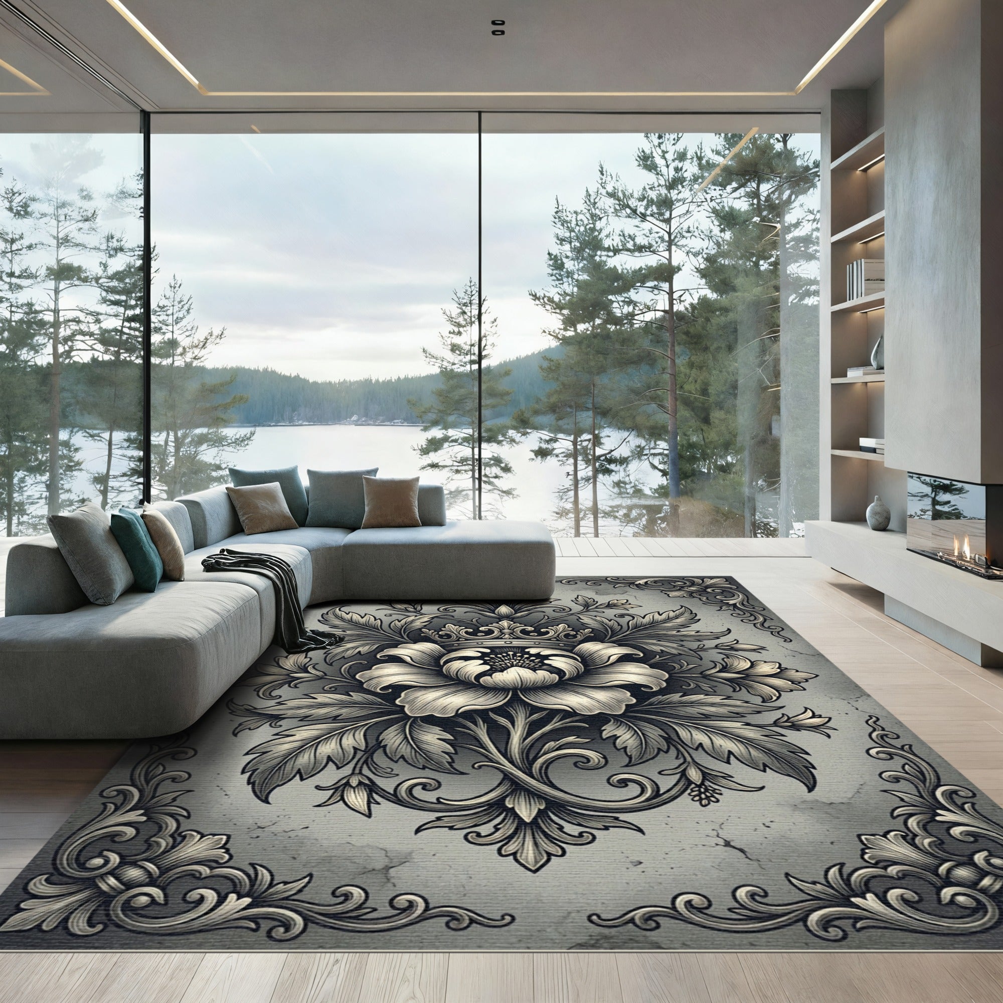 Antique Gray Crown Medallion Floral Rug