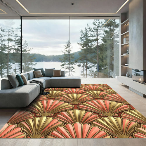 Art Deco Golden Shell Fan Coral Rug