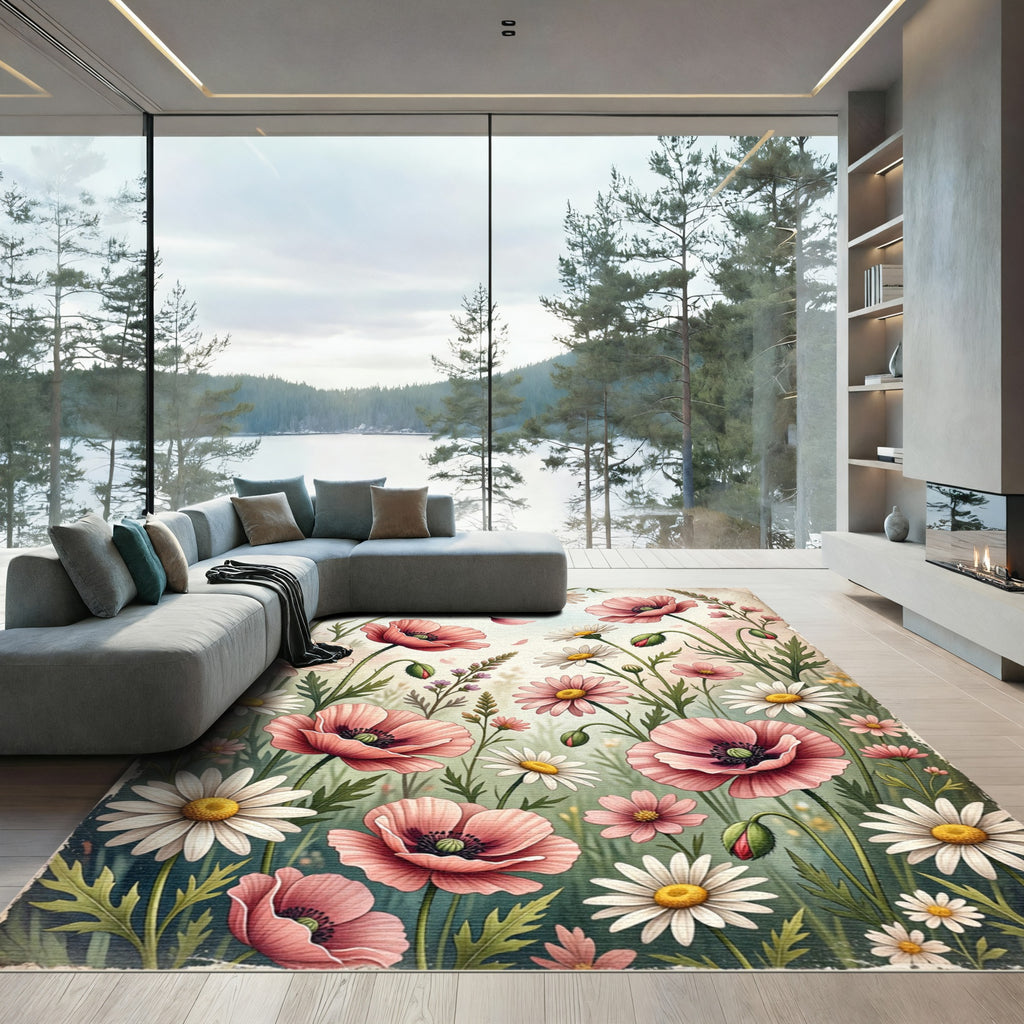 Soft Pink Poppy Floral Watercolor Meadow Rug