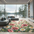 Soft Pink Poppy Floral Watercolor Meadow Rug
