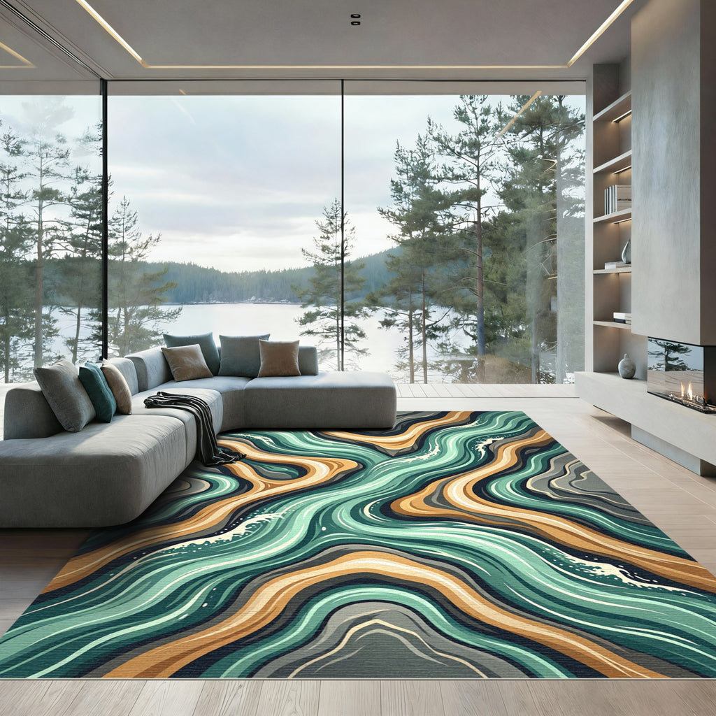 Liquid Teal and Ochre Abstract Wave Rug