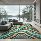 Liquid Teal and Ochre Abstract Wave Rug