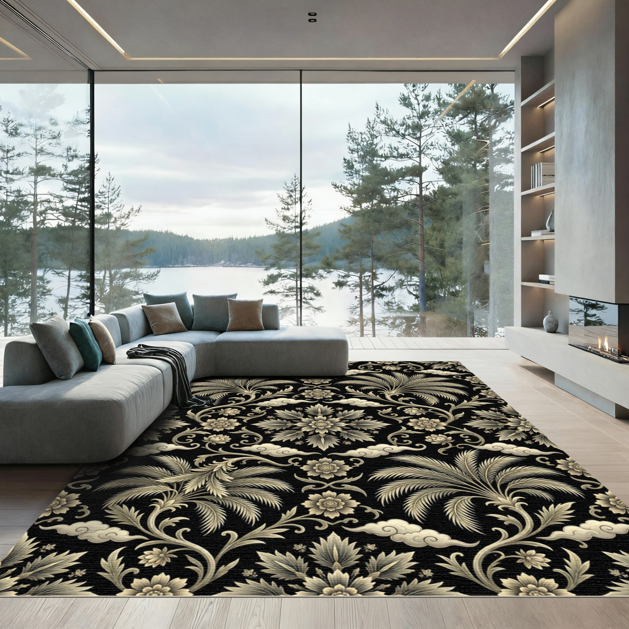 Golden Palm Tree Floral Swirls Rug