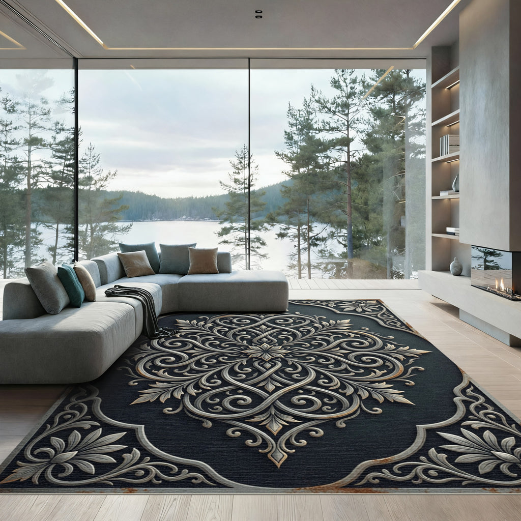 Elegant Slate Gray Ornate Scrollwork Rug