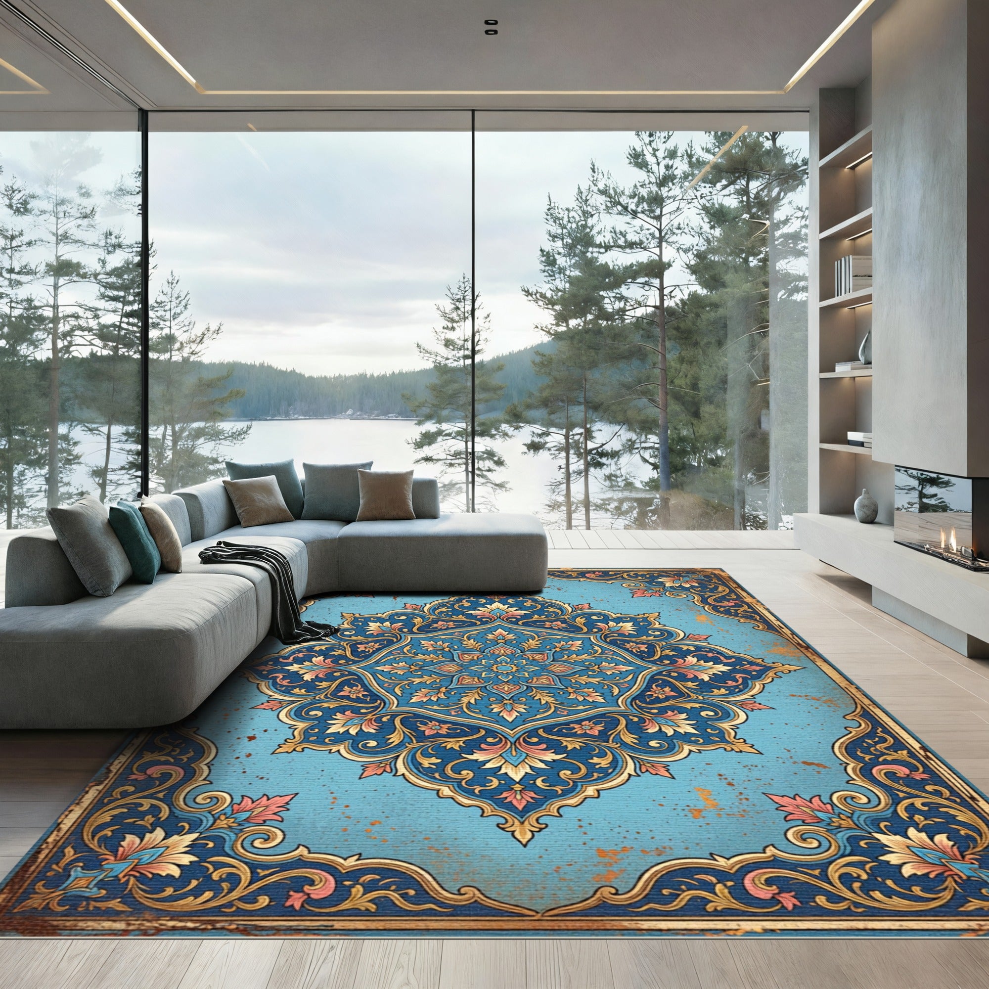 Intricate Azure Floral Medallion Scroll Rug