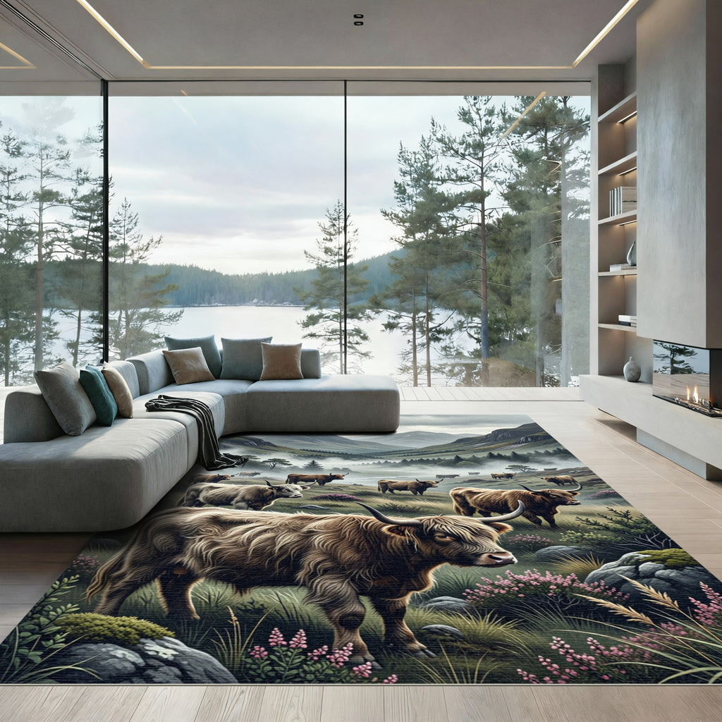 Highland Cattle Misty Mountain Landscape Rug