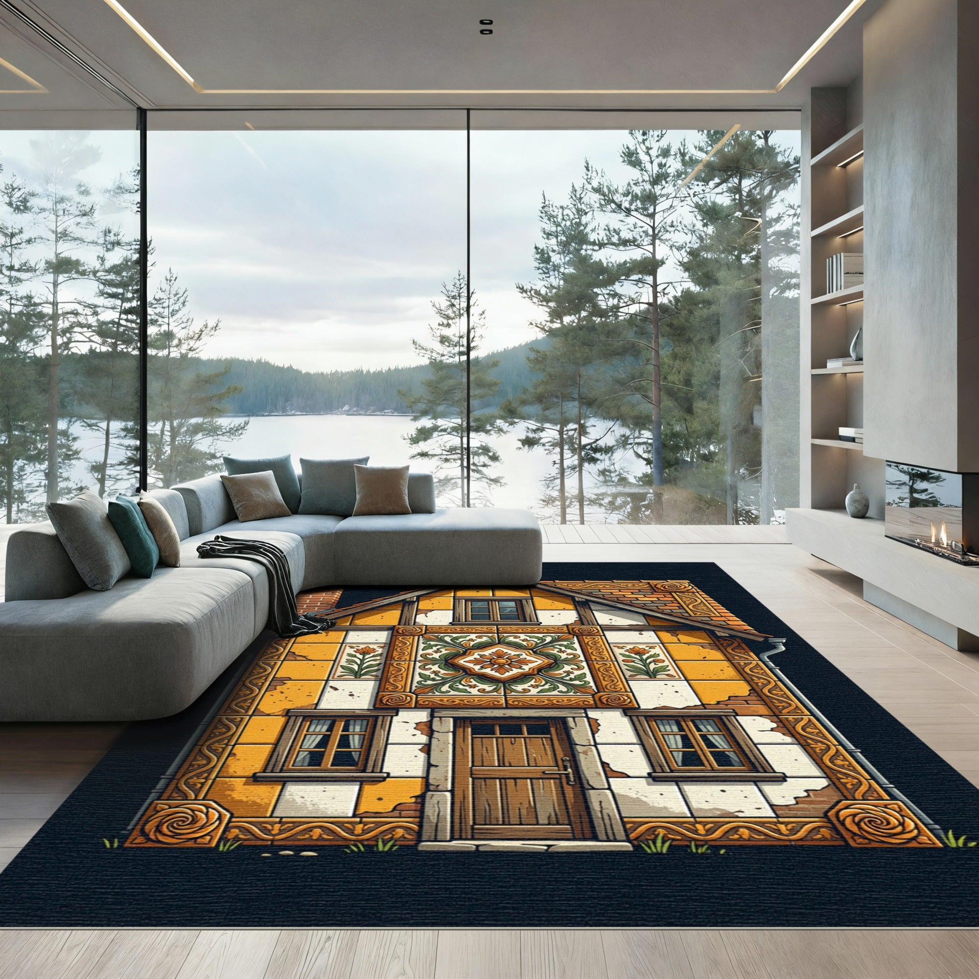 Amber Orange Floral Architectural Tile Rug
