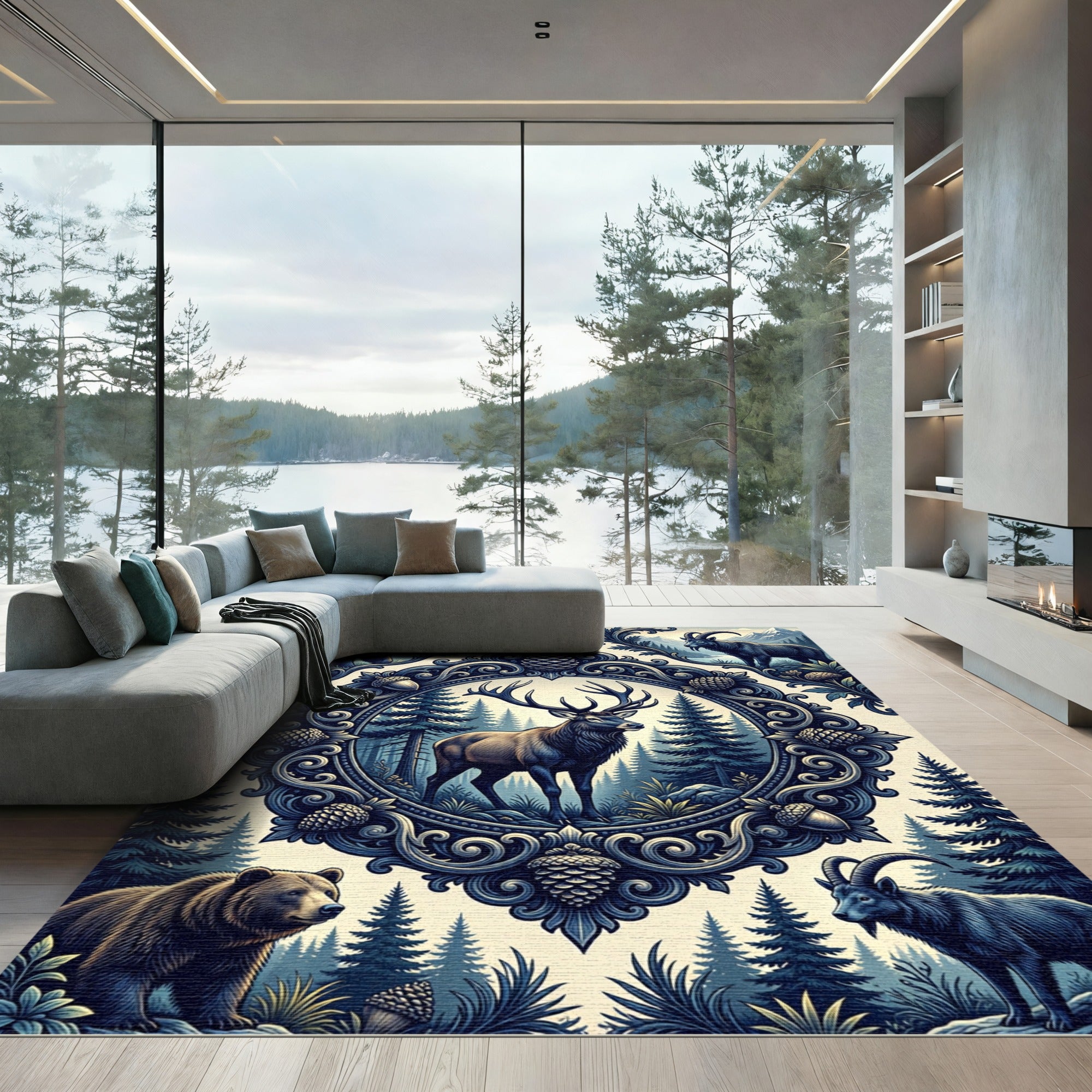 Blue Woodland Elk Bear Alpine Medallion Rug