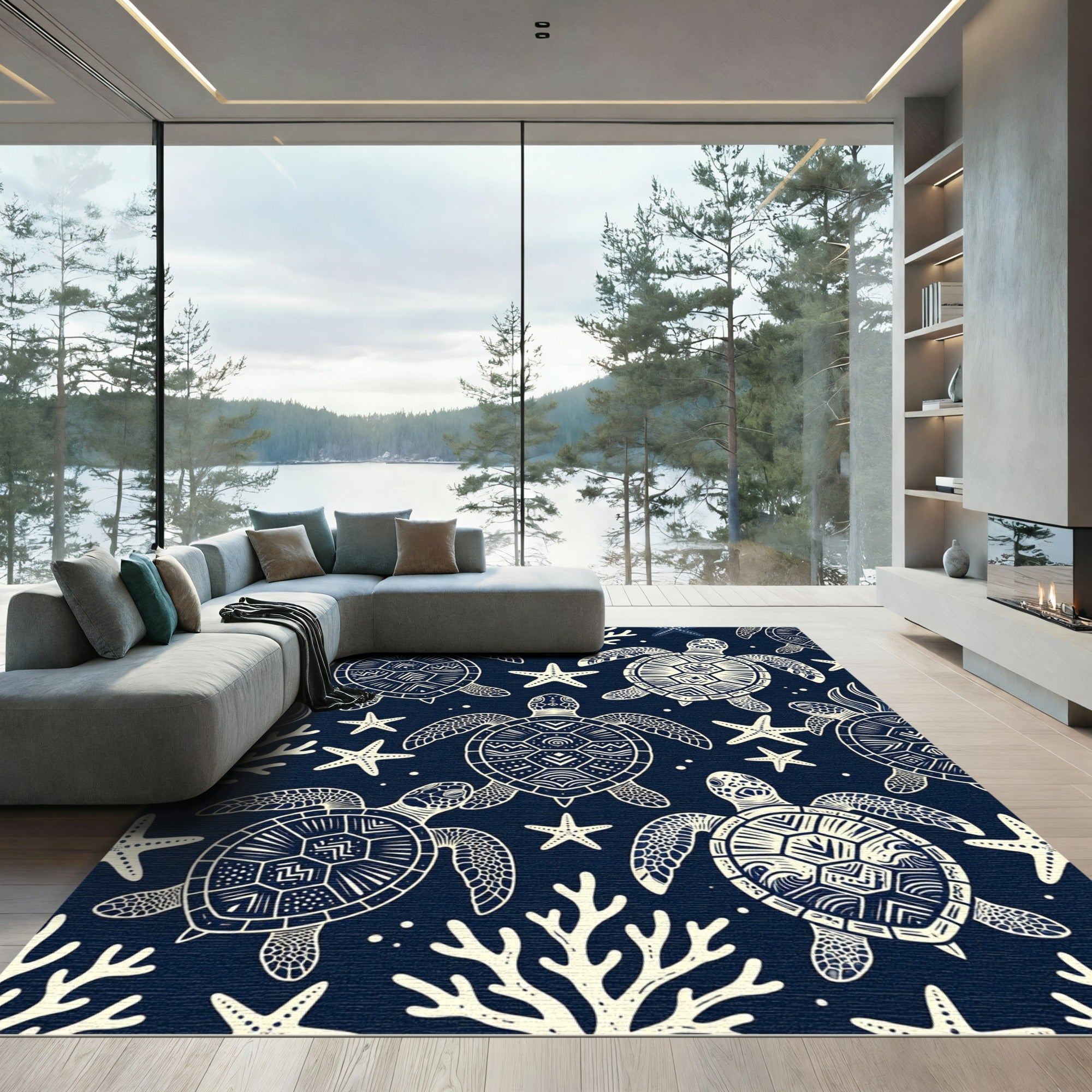 Navy Sea Turtle Coral Oceanic Illustration Rug