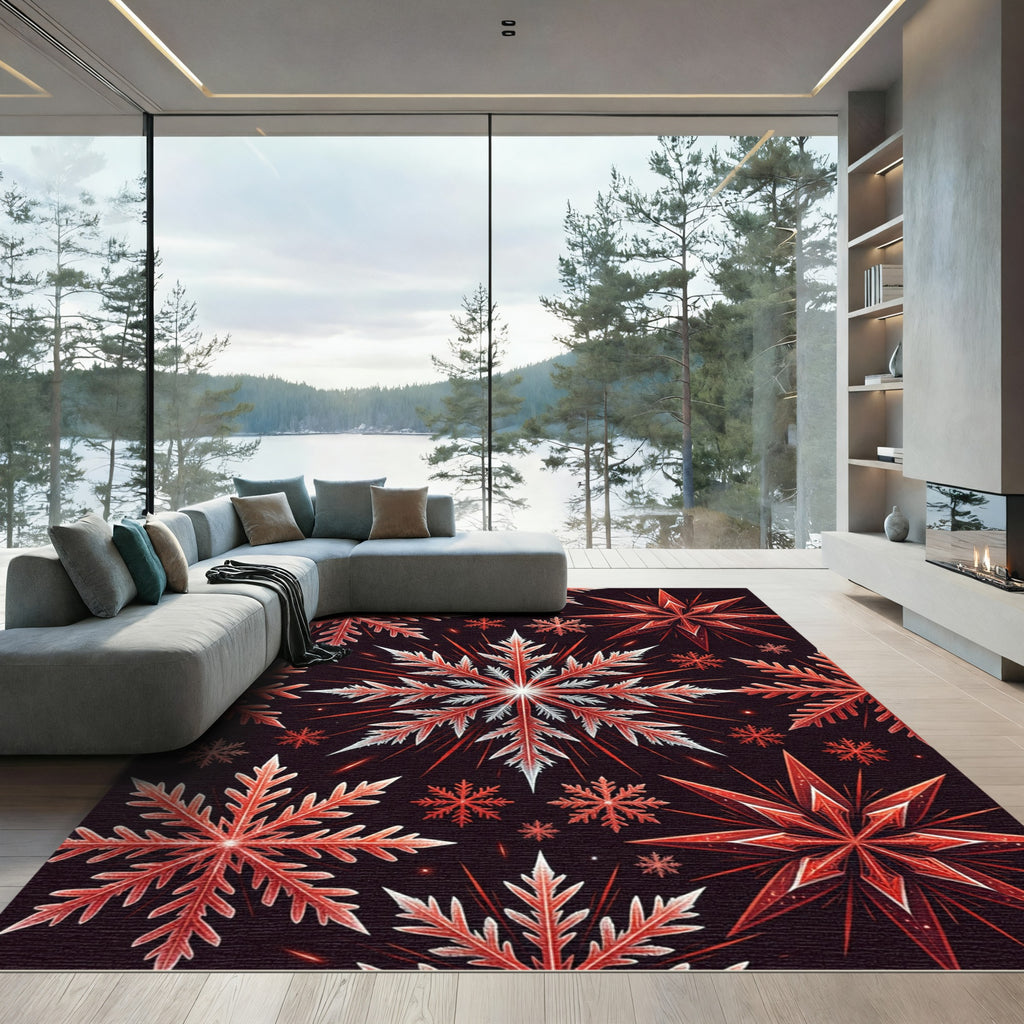 Crimson Snowflake Burst Pattern Rug
