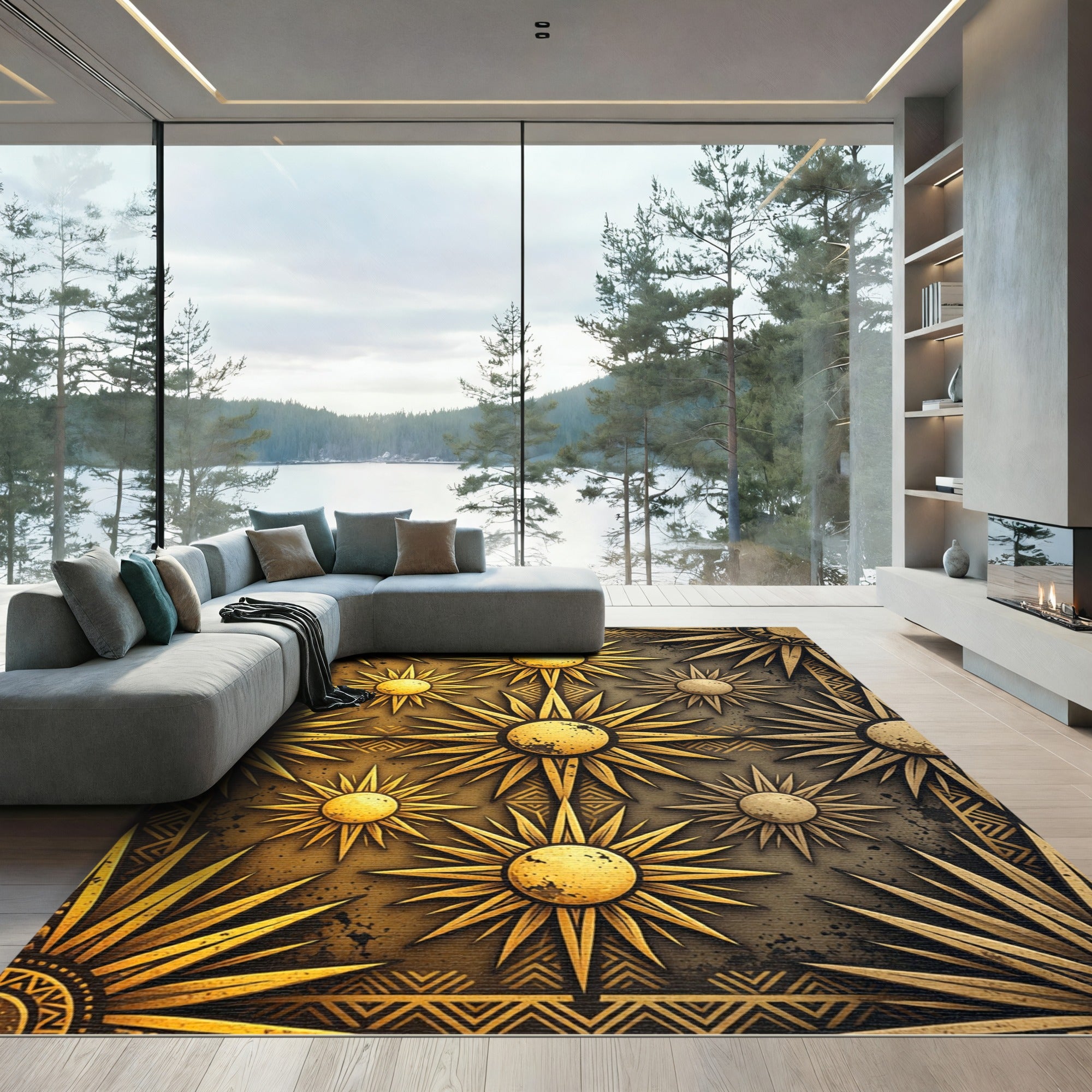 Golden Celestial Sunburst Geometric Area Rug