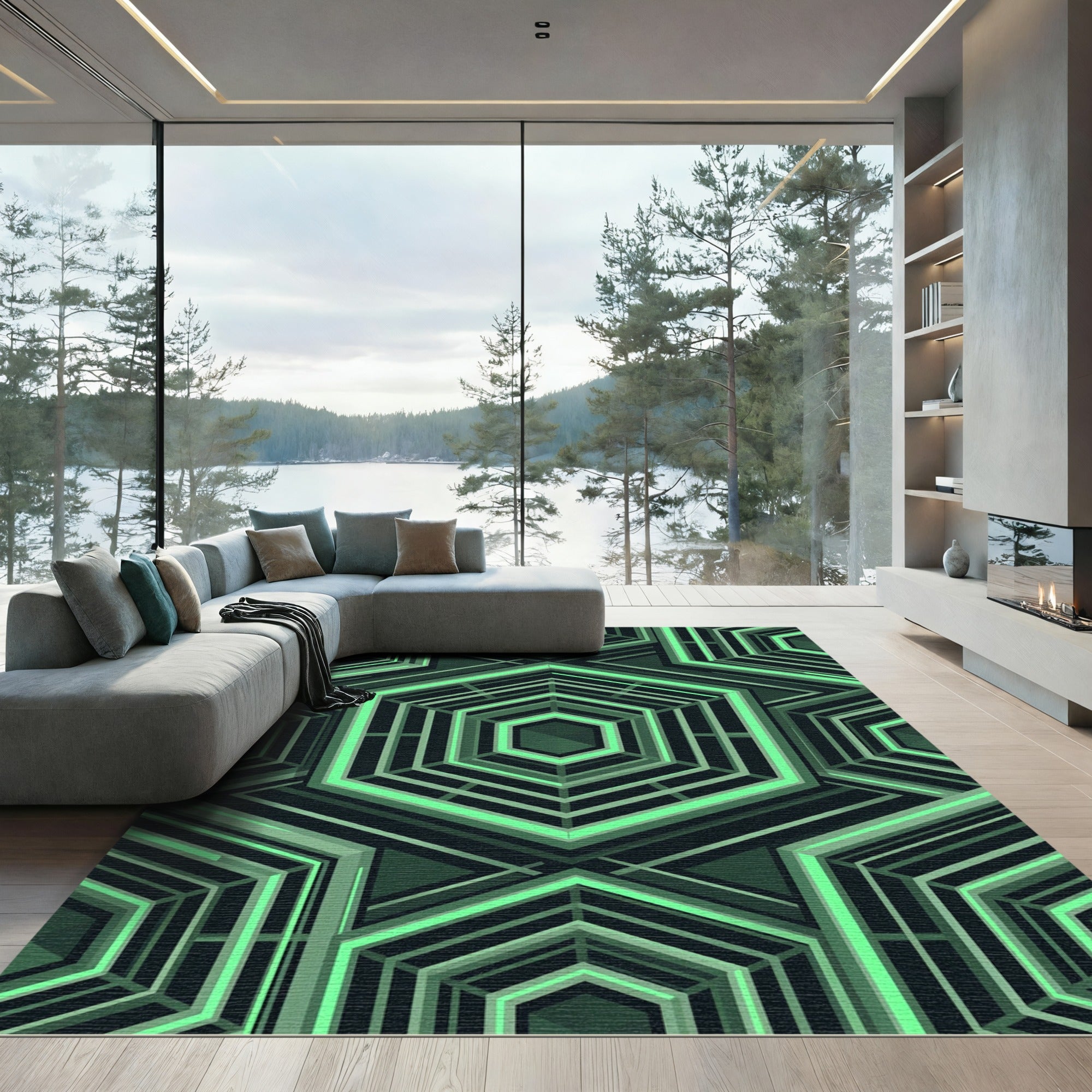 Geometric Neon Hexagon Abstract Rug
