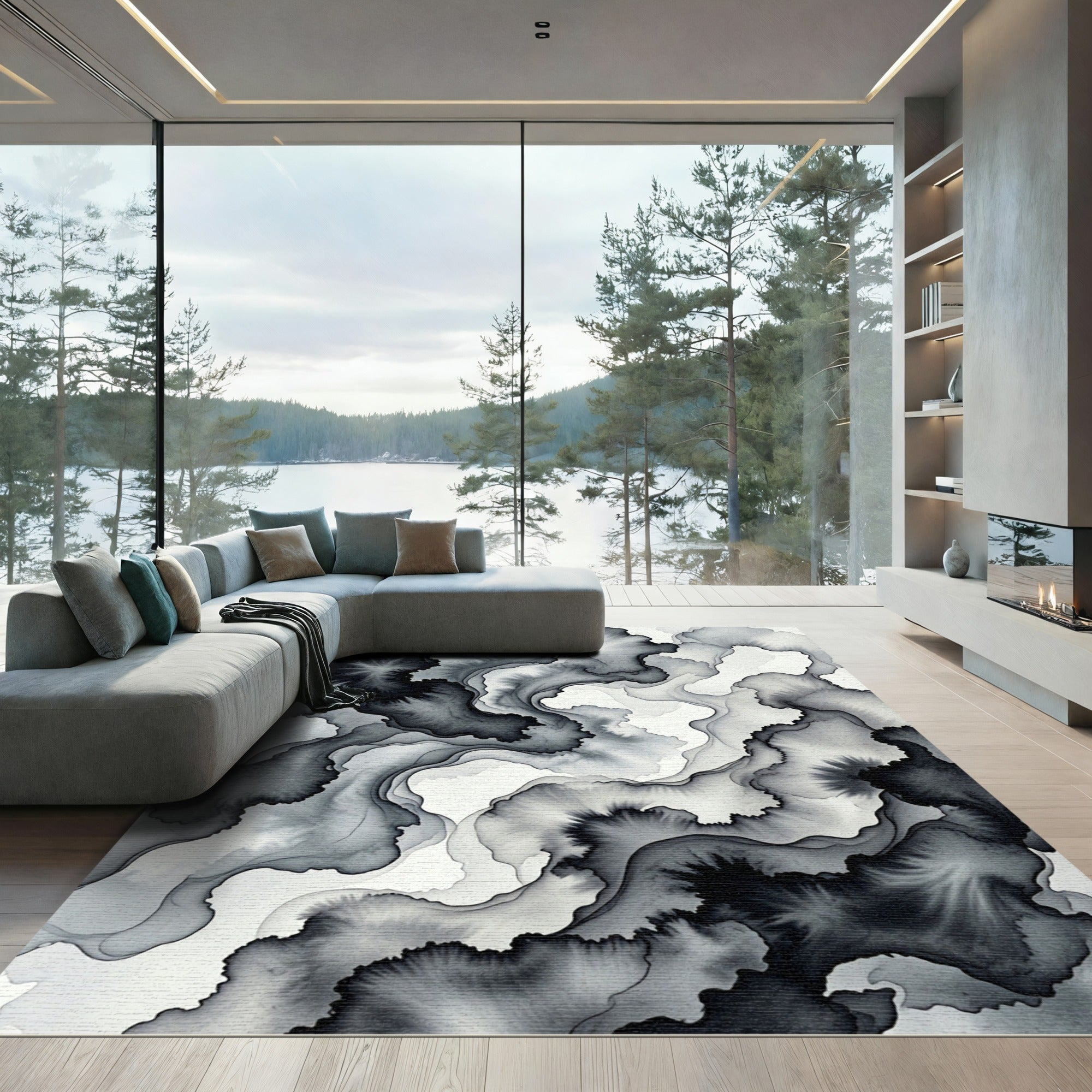 Monochromatic Ink Wash Fluid Ripples Rug