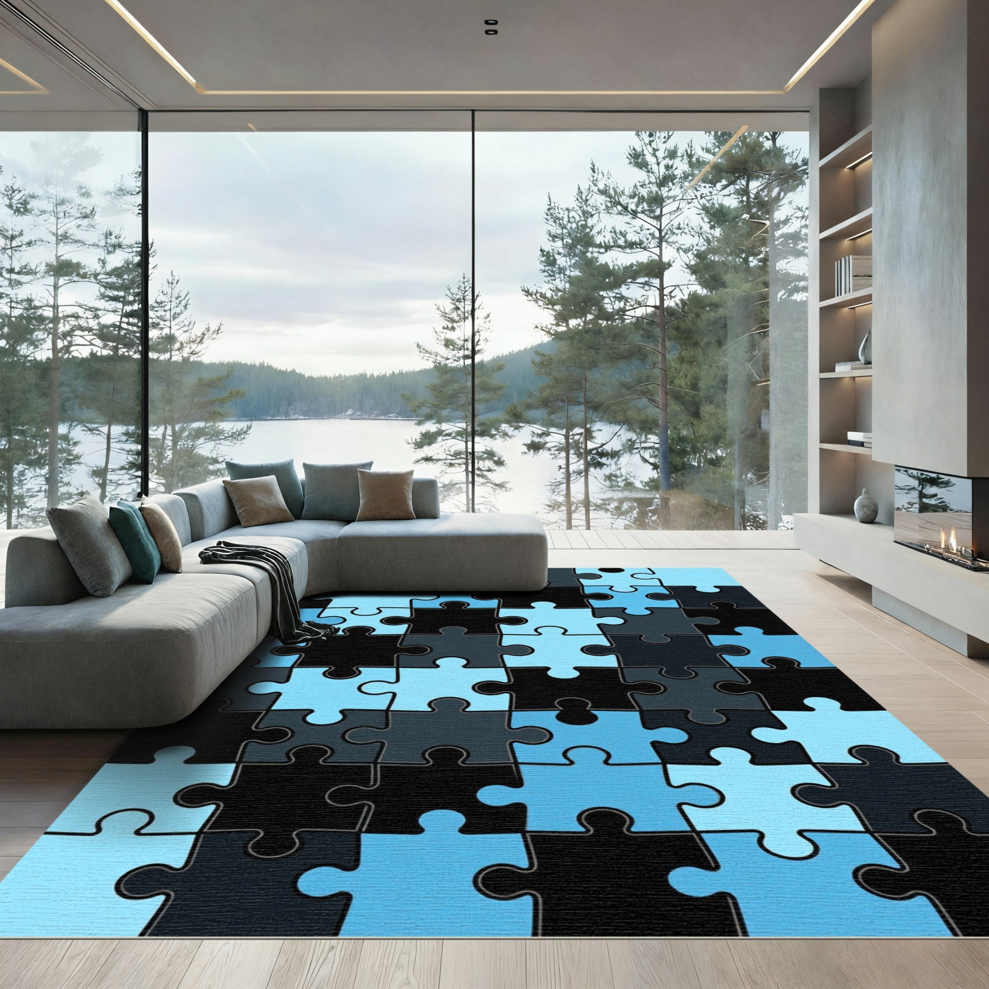 Modern Blue and Black Interlocking Puzzle Rug