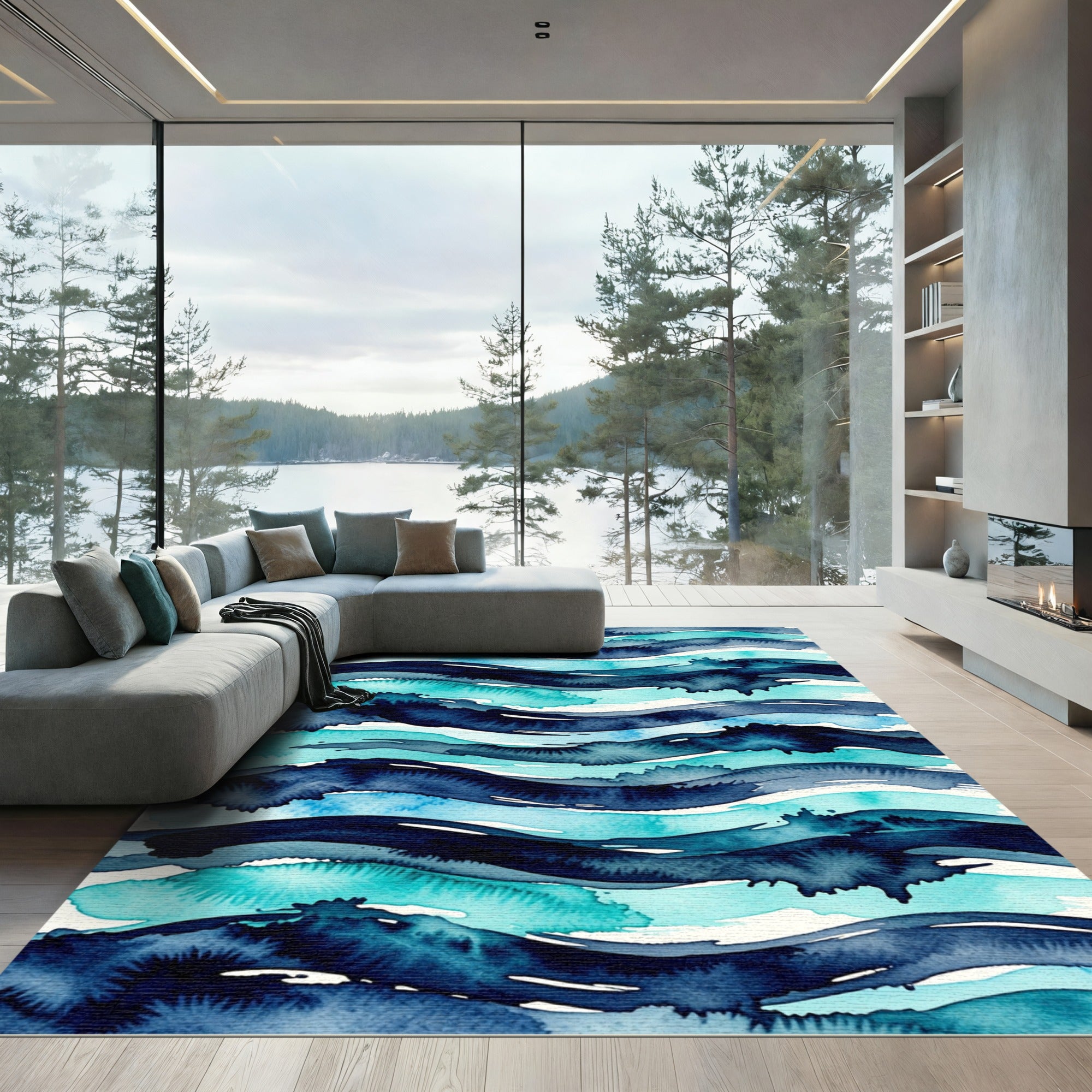 Abstract Navy and Teal Wavy Water Rug