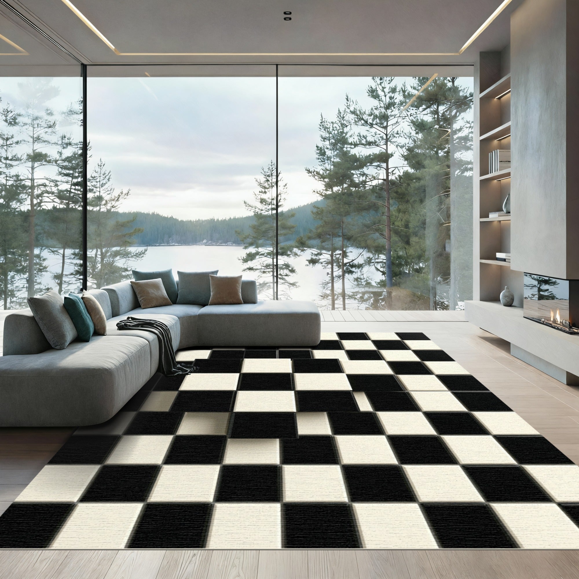 Monochrome Geometric Floating Checkered Grid Rug