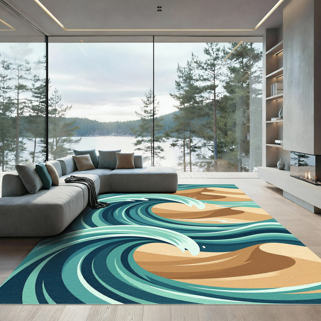 Abstract Teal Ocean Wave Sand Dune Rug