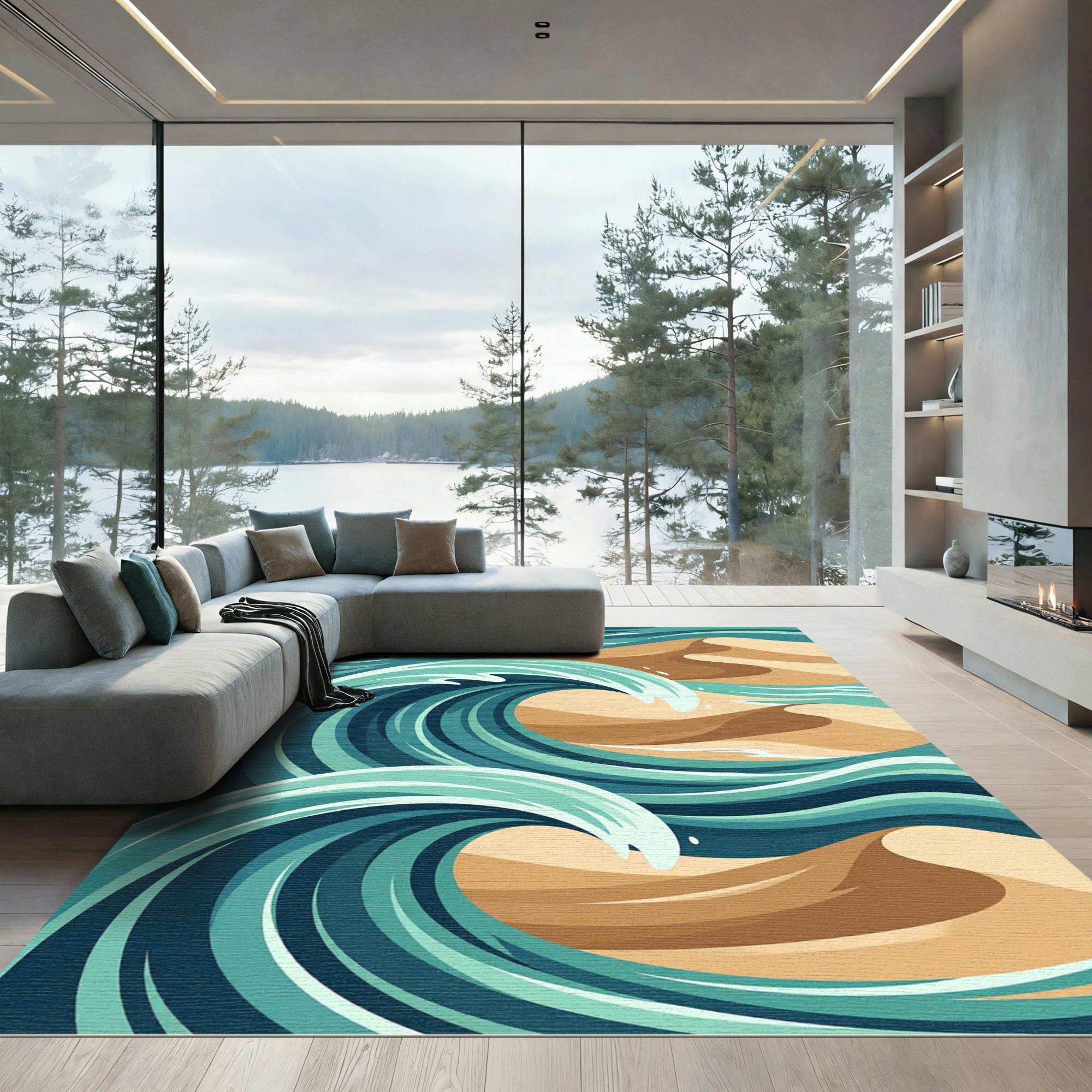 Abstract Teal Ocean Wave Sand Dune Rug