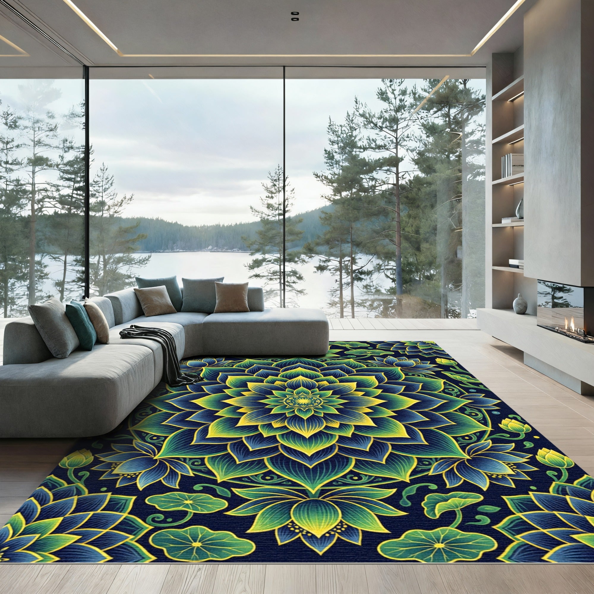 Luminous Blue and Gold Lotus Mandala Rug