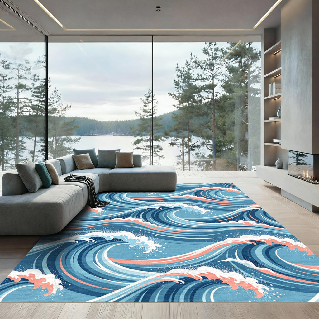 Japanese Blue Wave Sea Swirl Rug