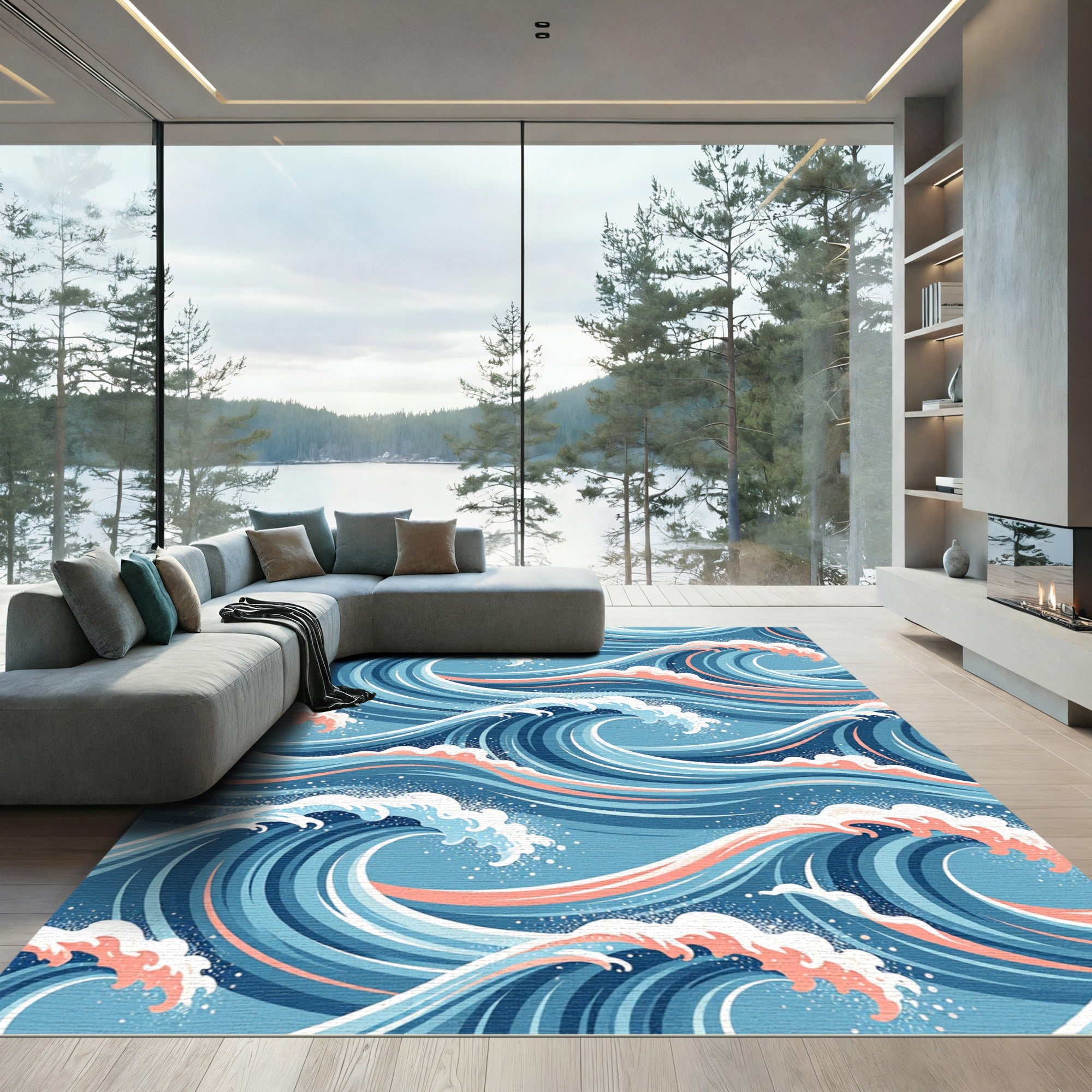 Japanese Blue Wave Sea Swirl Rug