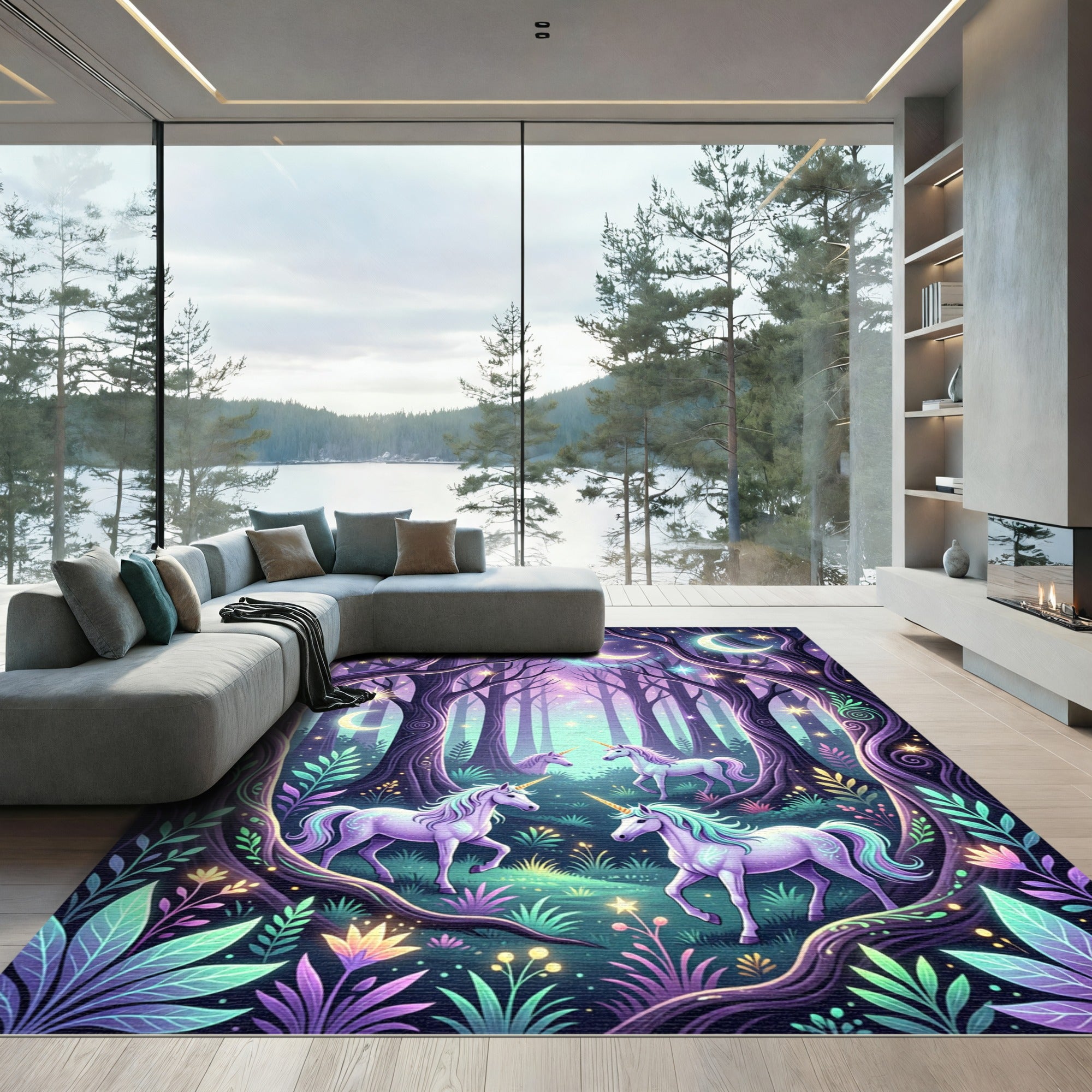 Enchanted Celestial Unicorn Forest Scene Rug