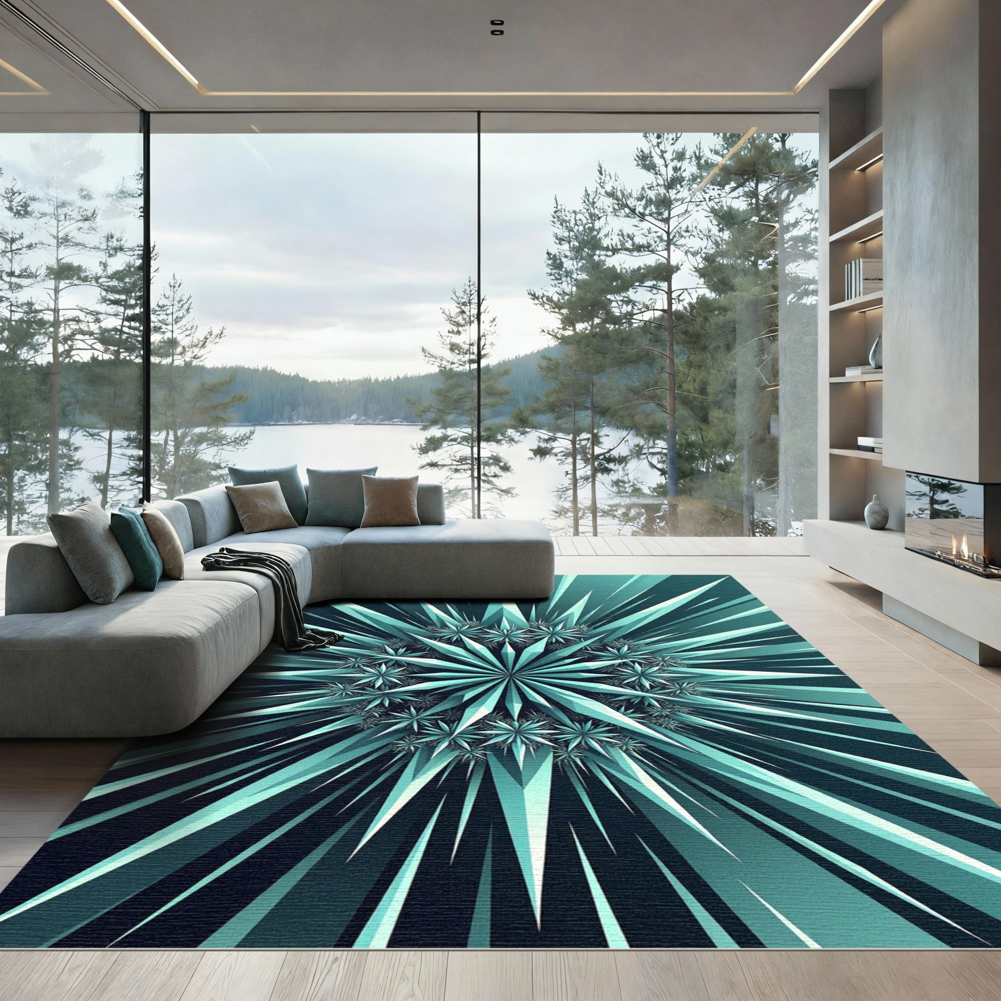 Teal Geometric Starburst Radial Art Rug