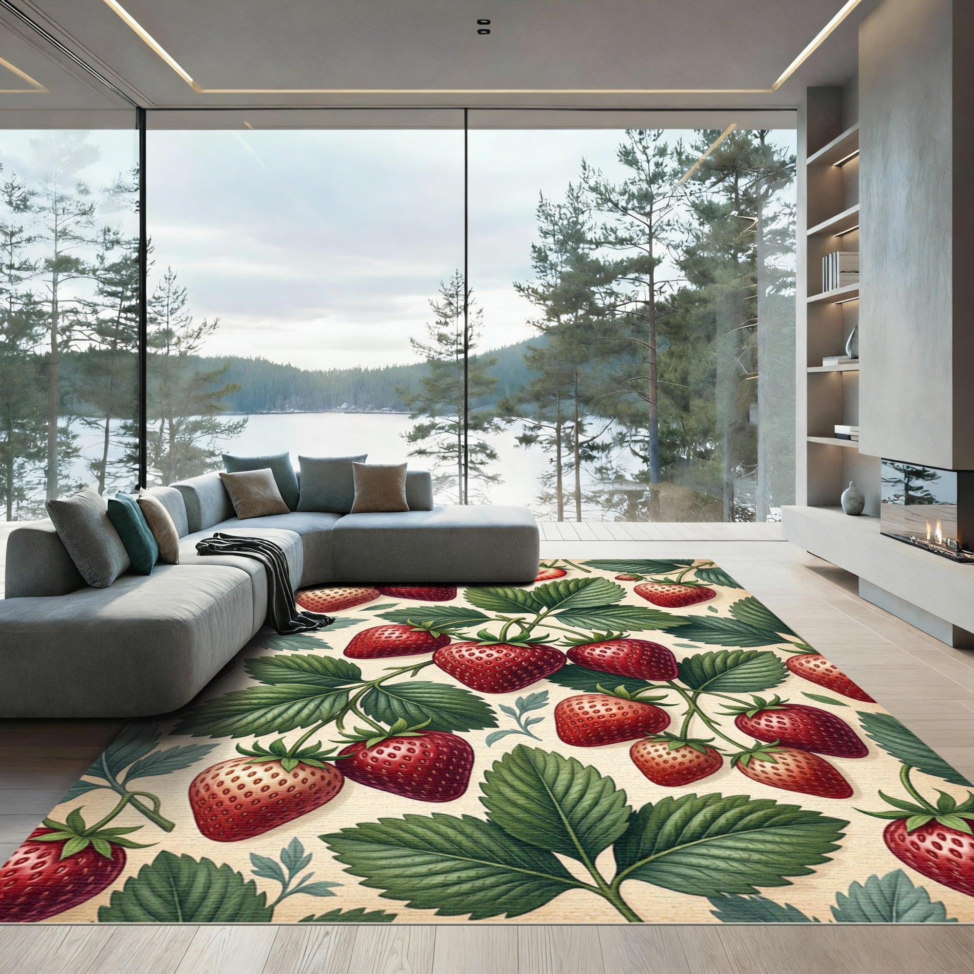 Lush Botanical Strawberry Garden Illustration Rug