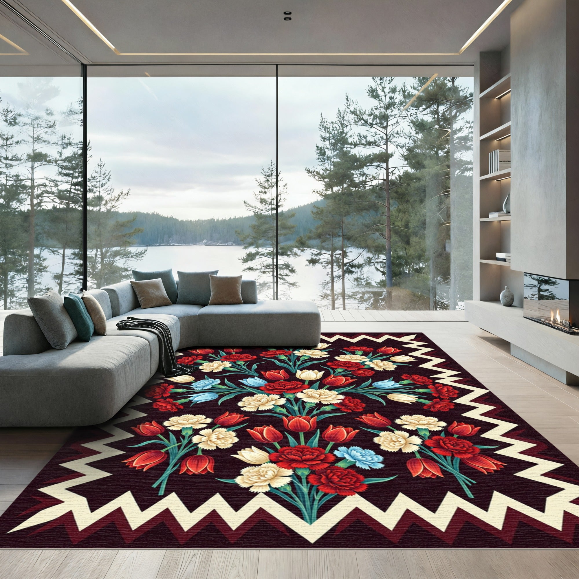 Midnight Floral Crimson Tulip Carnation Rug