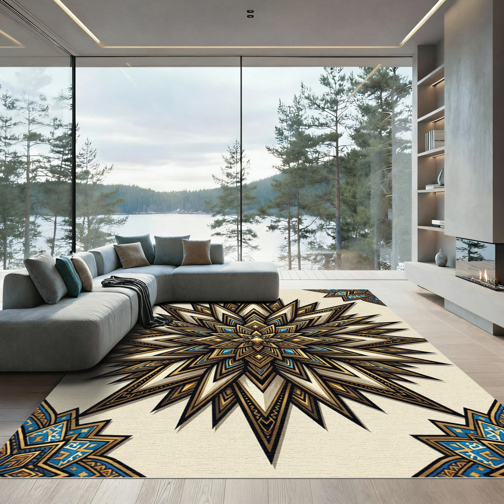 Golden Azure Starburst Geometric Rug