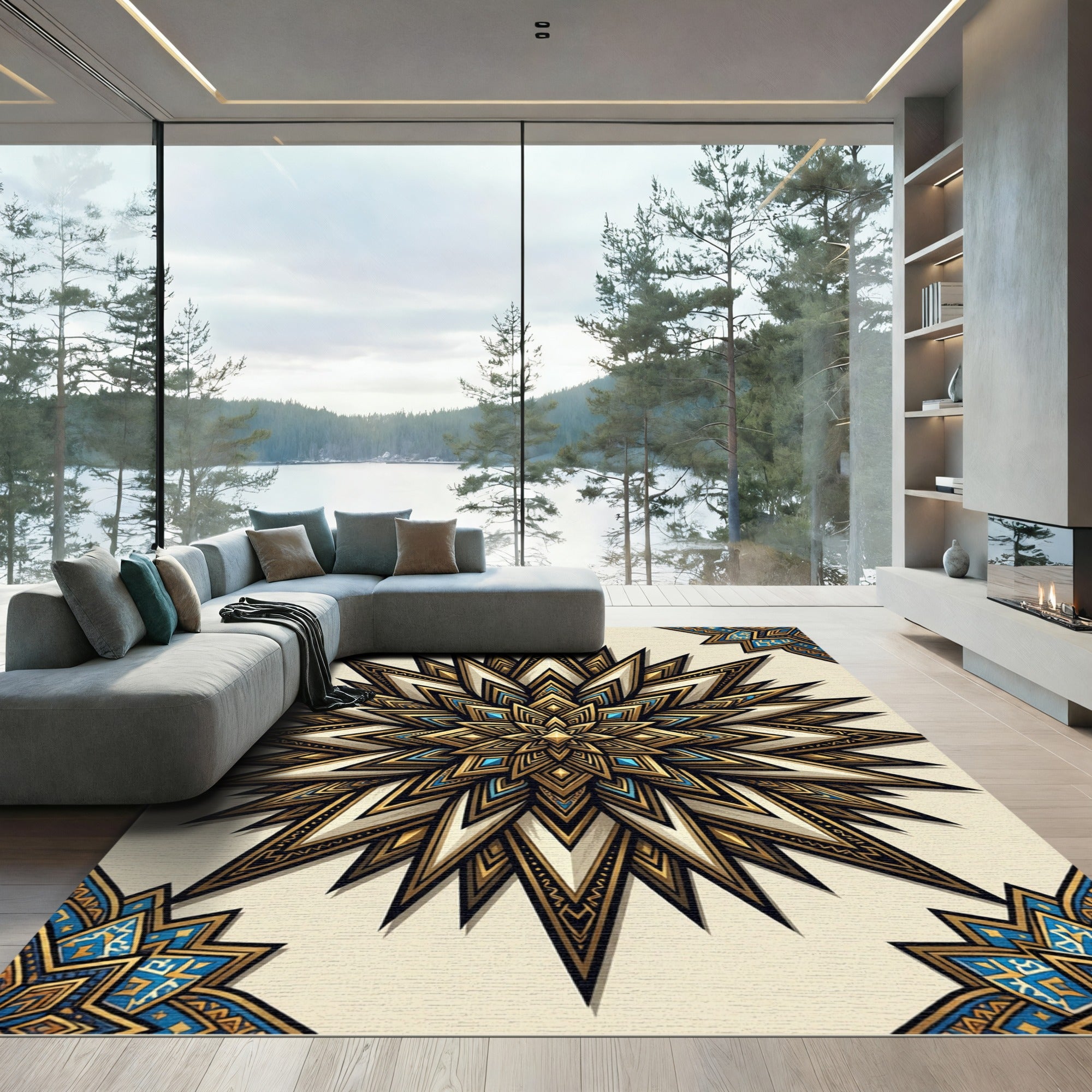 Golden Azure Starburst Geometric Rug
