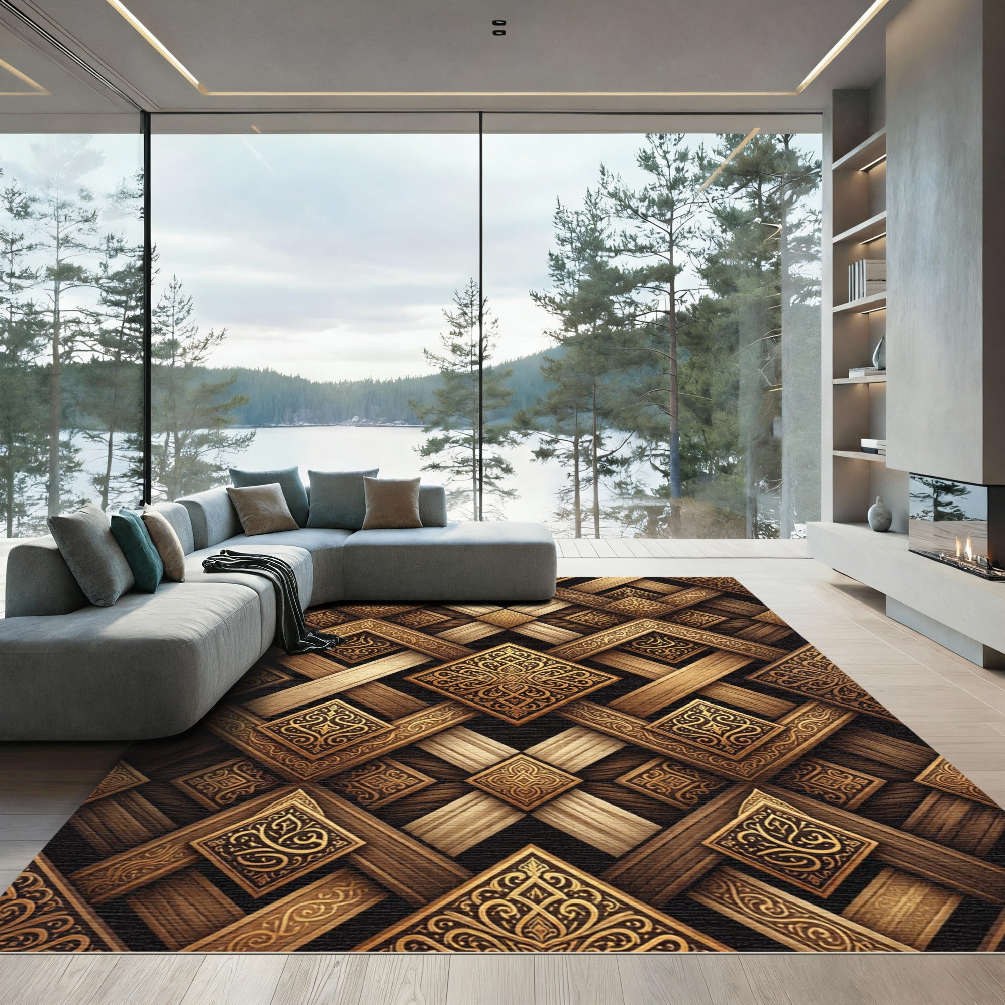 Ornate Gold Interlocking Geometric Pattern Rug